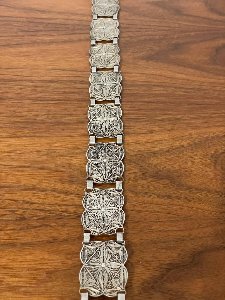 Ceinture Art Déco Égyptienne En Argent Sterling 800 - 23 Panneaux Filigranés - 244 G - Pièce Rare Vintage