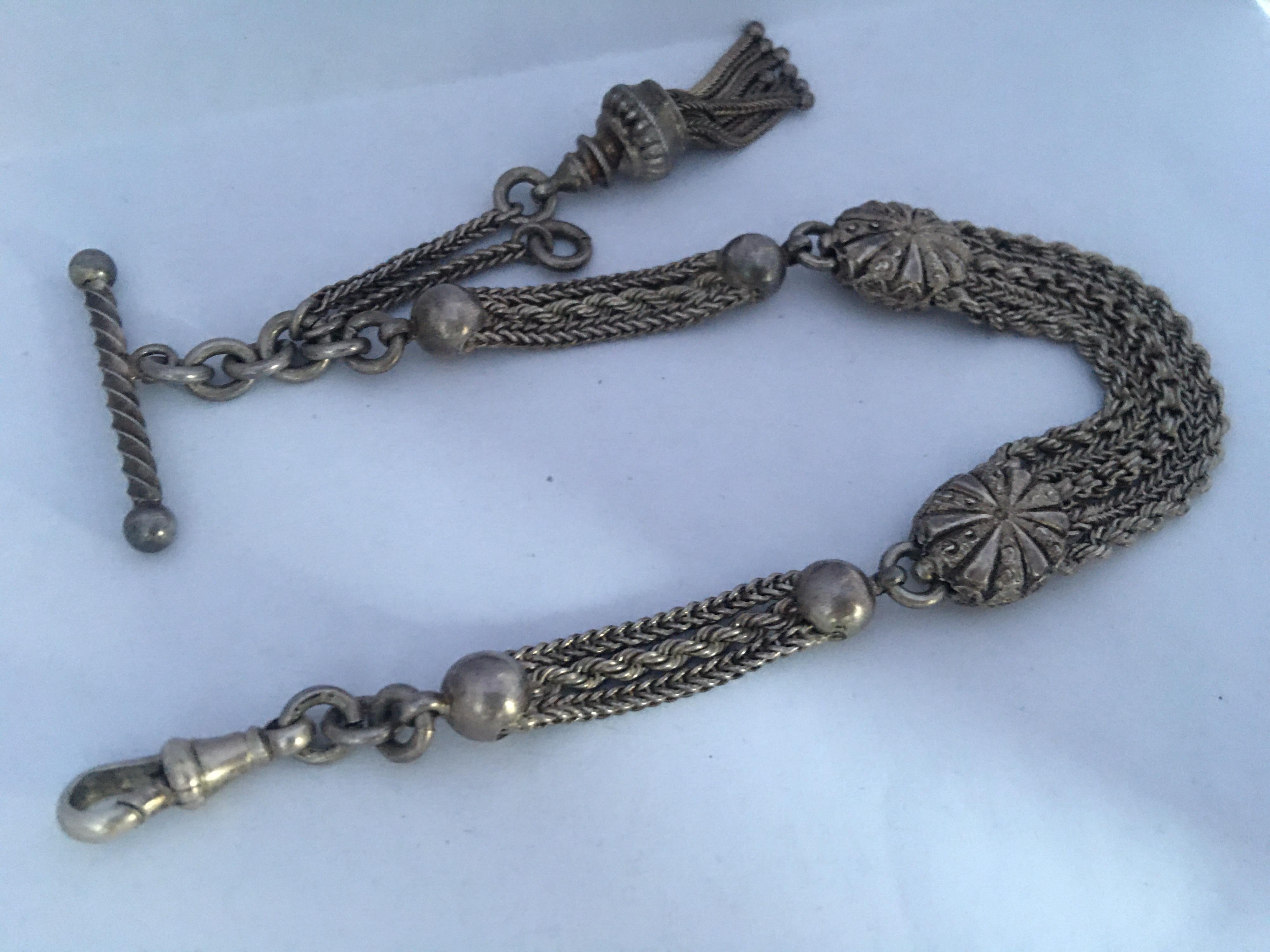 Antique Silver Ornate Pocket Watch Chain 3
