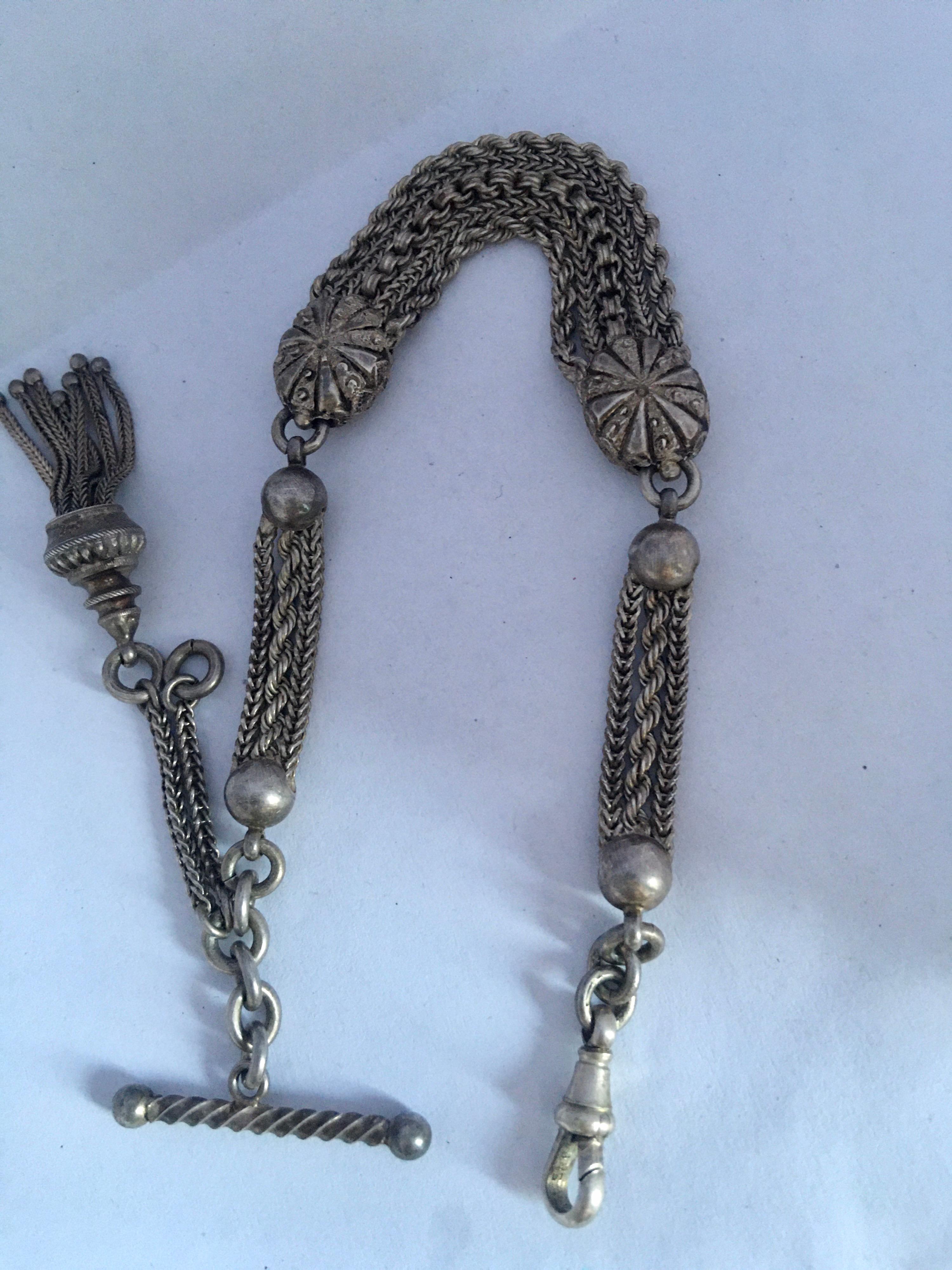 Antique Silver Ornate Pocket Watch Chain 4