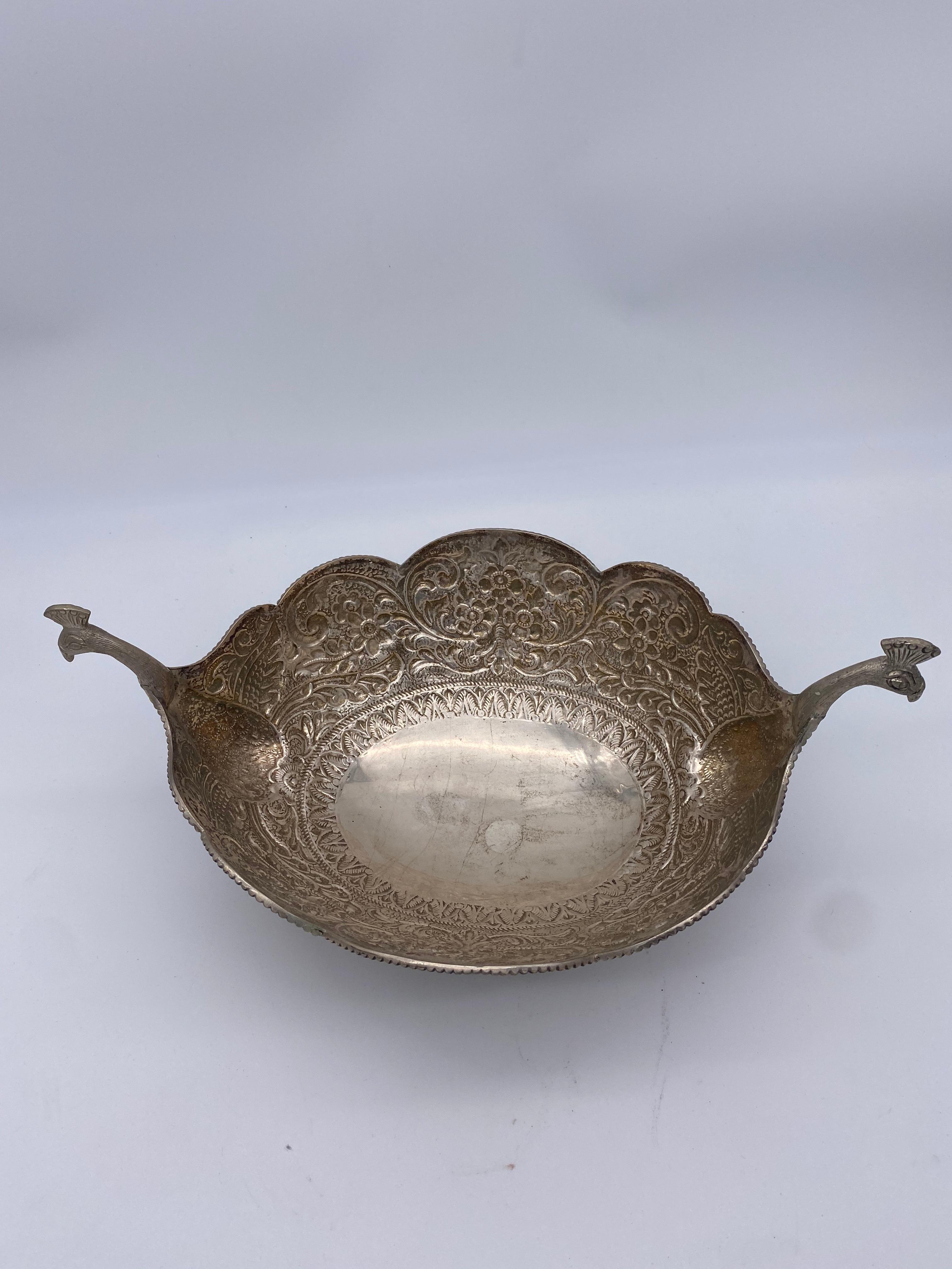 Antique Silver Oval Serving Bowl with Peacock Handles For Sale 4