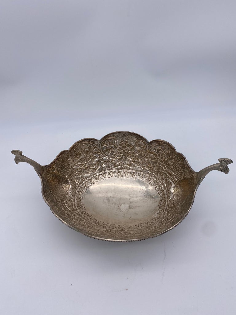 Antique Silver Oval Serving Bowl with Peacock Handles For Sale at