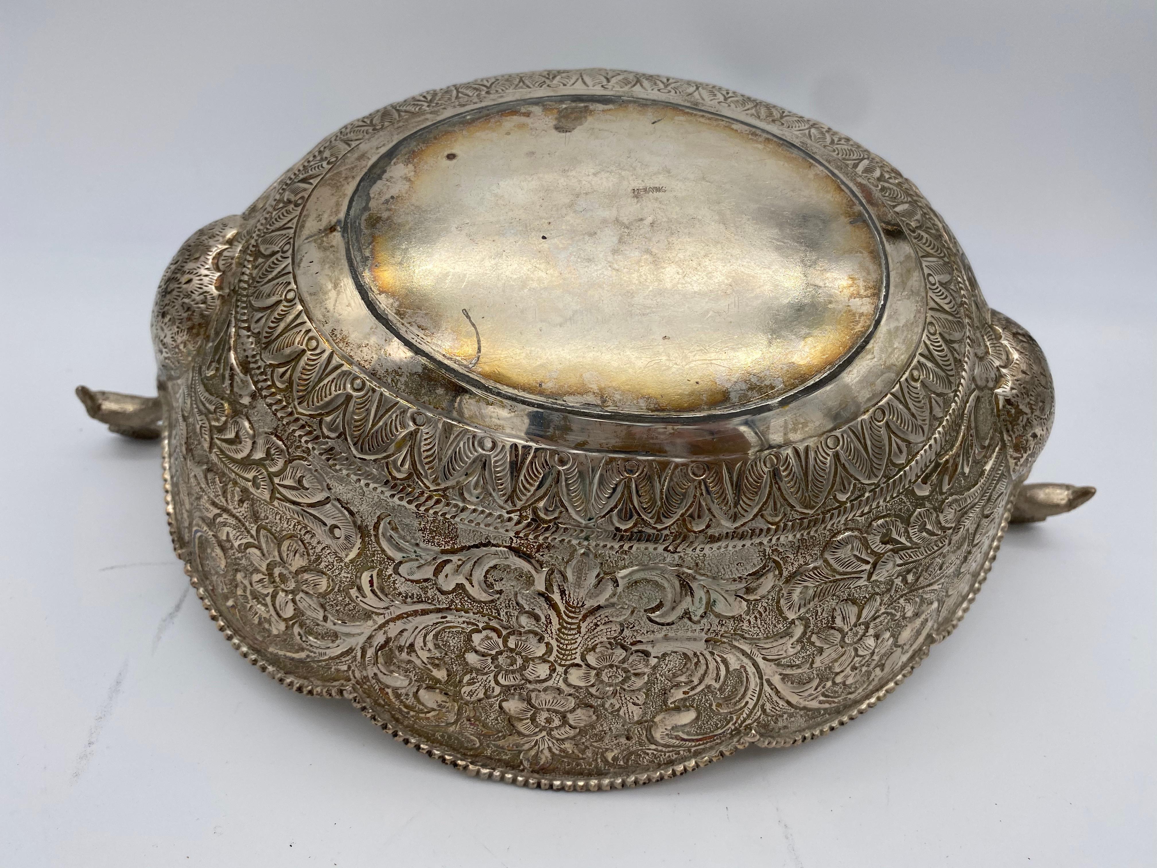 20th Century Antique Silver Oval Serving Bowl with Peacock Handles For Sale