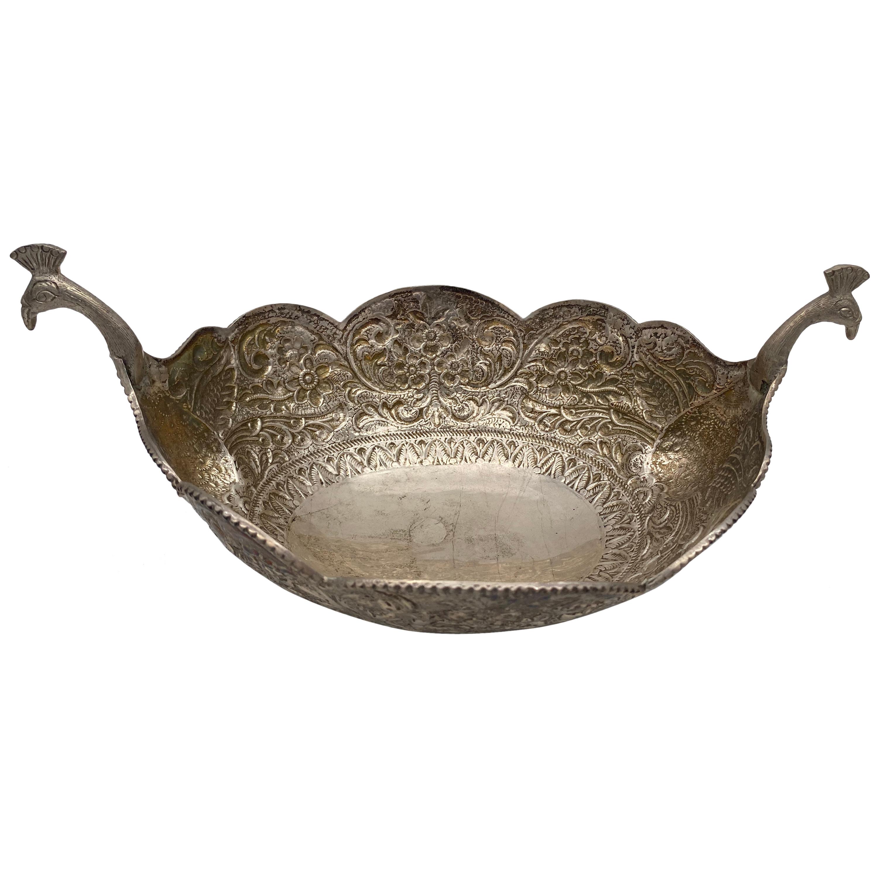 Antique Silver Oval Serving Bowl with Peacock Handles For Sale