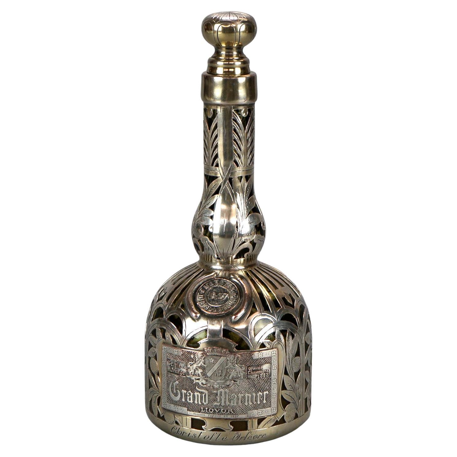 Antique Silver Over Glass Gran Marnier Liquor Bottle by Christofle, Circa 1900