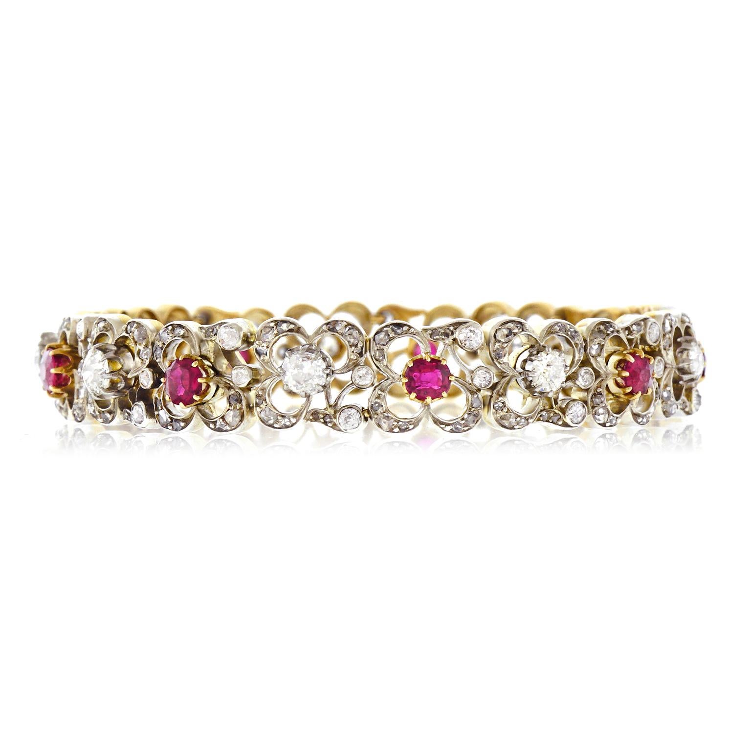 Antique Silver over Gold Diamond and Ruby Bracelet In Excellent Condition In Litchfield, CT