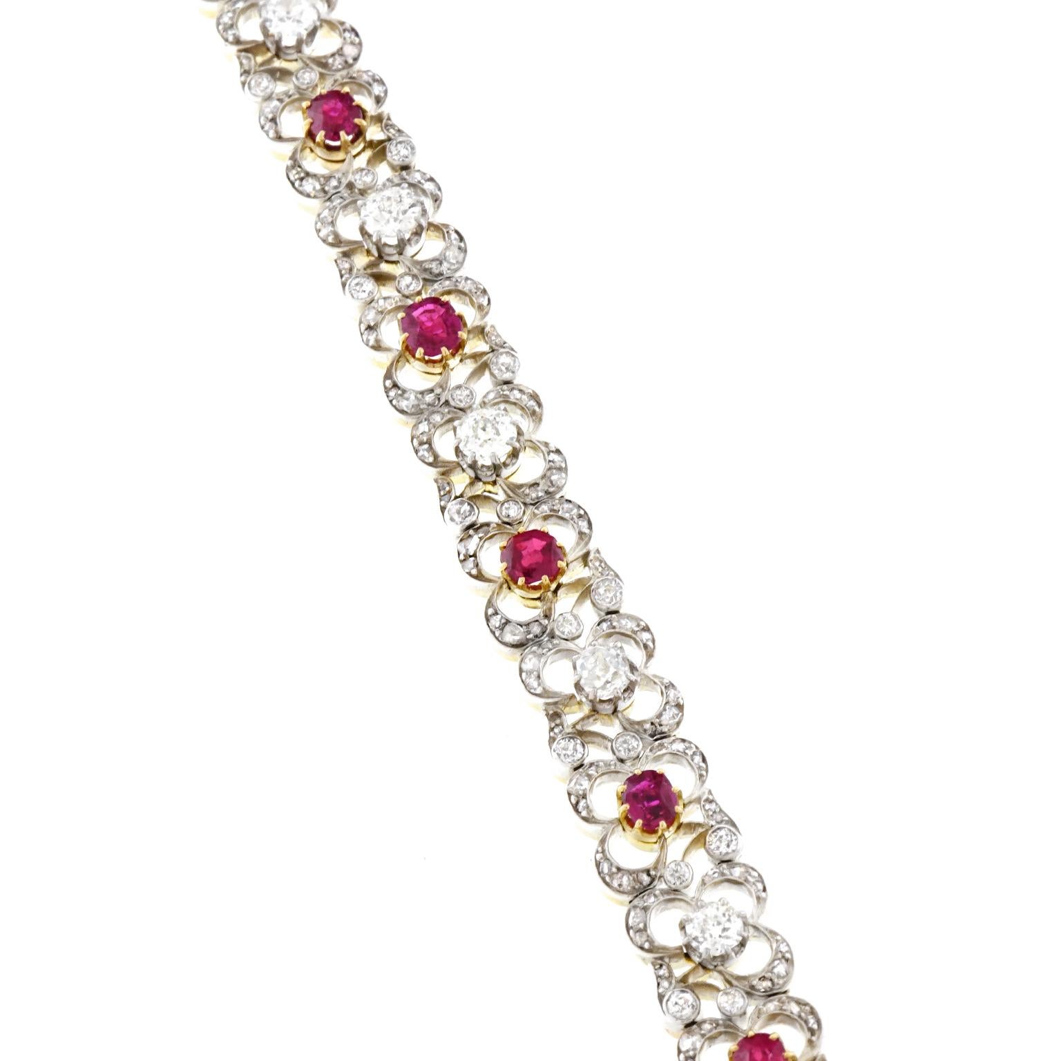 Women's Antique Silver over Gold Diamond and Ruby Bracelet