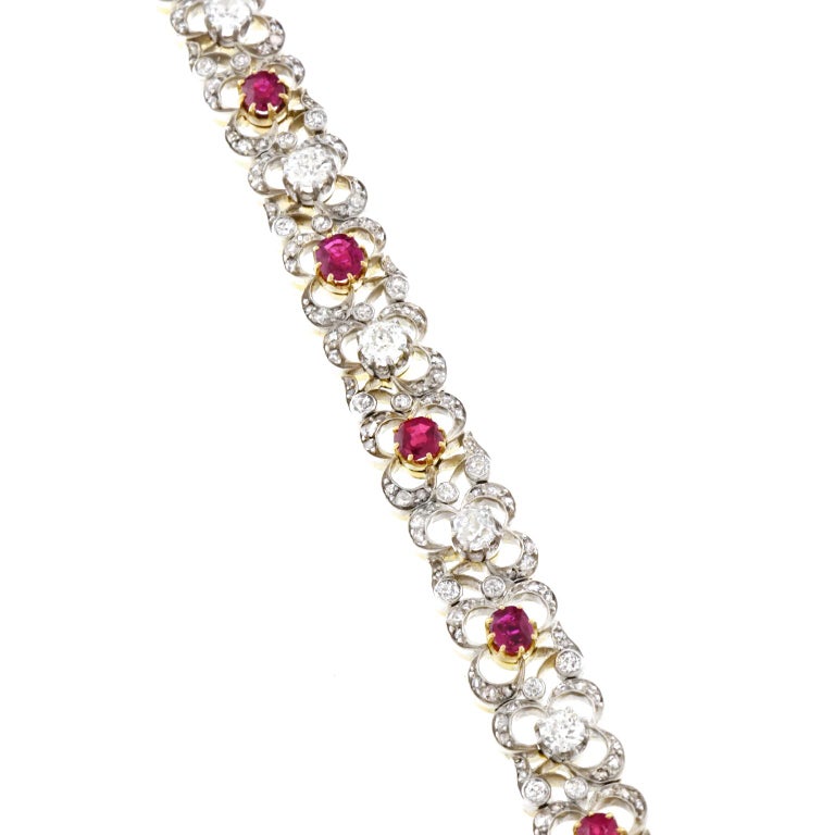 Antique Silver over Gold Diamond and Ruby Bracelet For Sale at 1stDibs