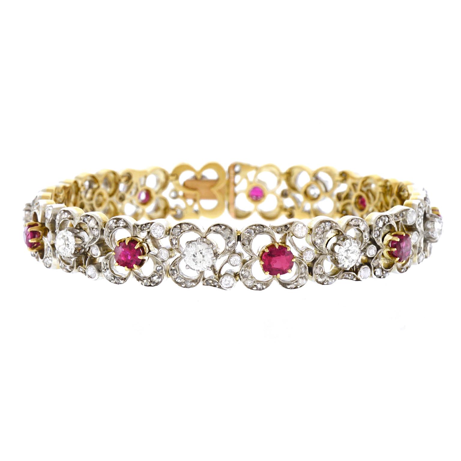Antique Silver over Gold Diamond and Ruby Bracelet