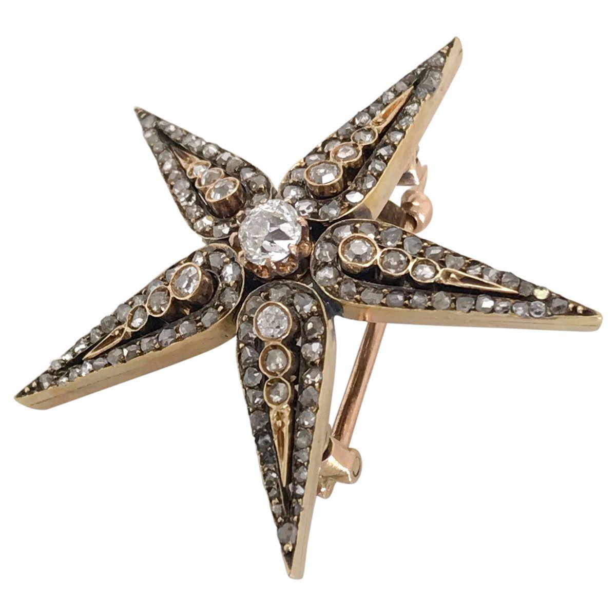 Victorian Antique Silver over Gold Five Point Star Diamond Brooch For Sale