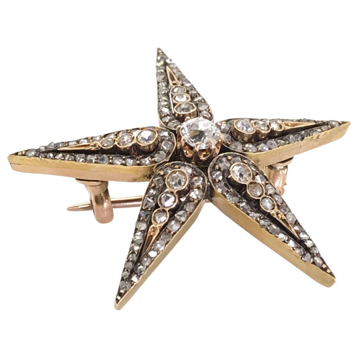 Rose Cut Antique Silver over Gold Five Point Star Diamond Brooch For Sale