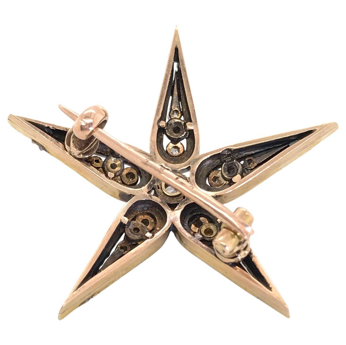 Antique Silver over Gold Five Point Star Diamond Brooch In Good Condition For Sale In QLD , AU