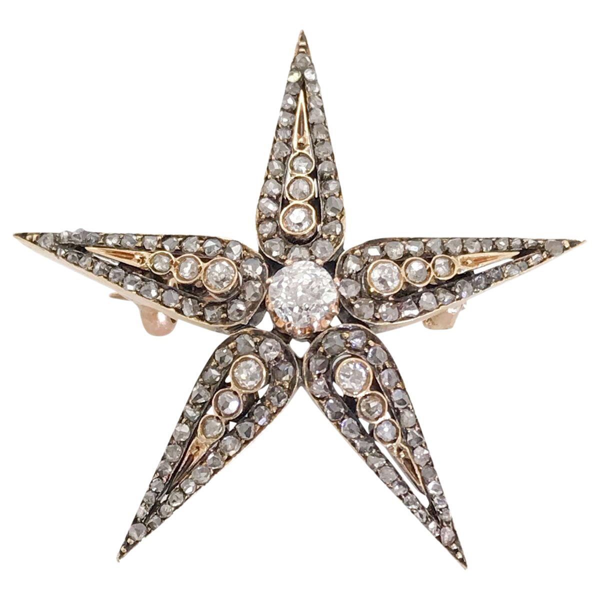 Antique Silver over Gold Five Point Star Diamond Brooch For Sale