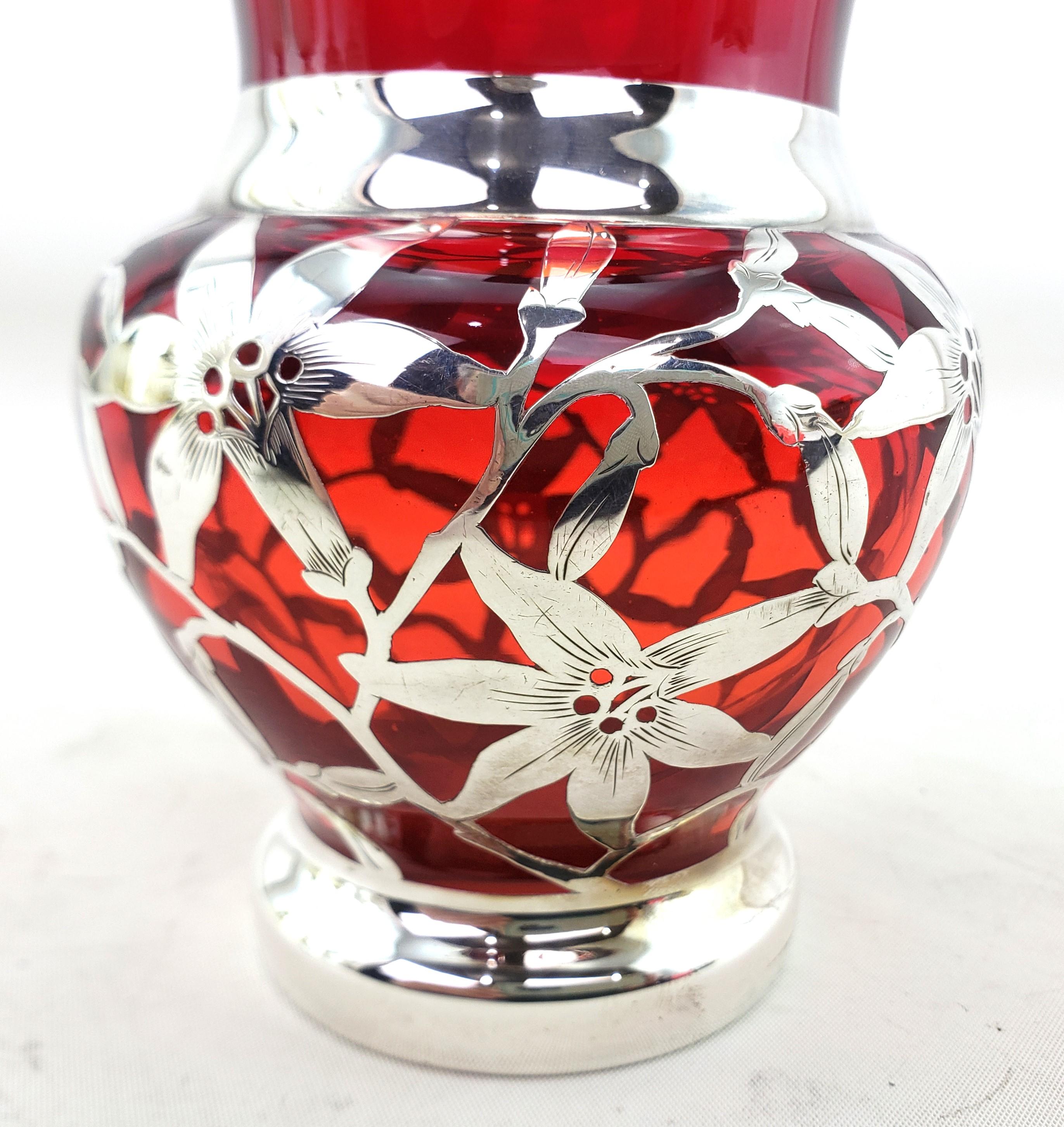 Antique Silver Overlay Ruby Glass Vase with Pierced & Engraved Floral Motif For Sale 3