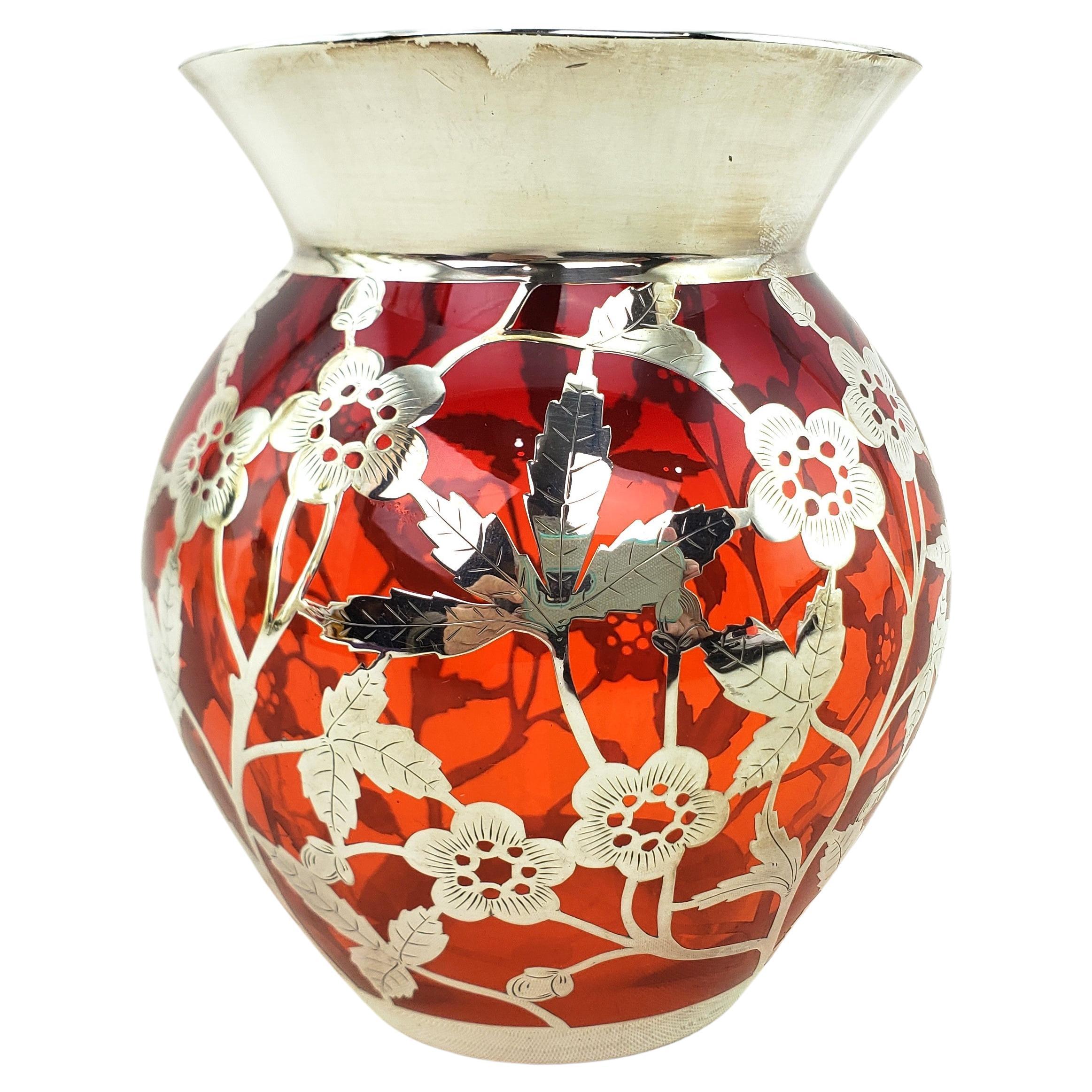 Art Deco Antique Silver Overlay Ruby Glass Vase with Pierced & Engraved Floral Motif For Sale
