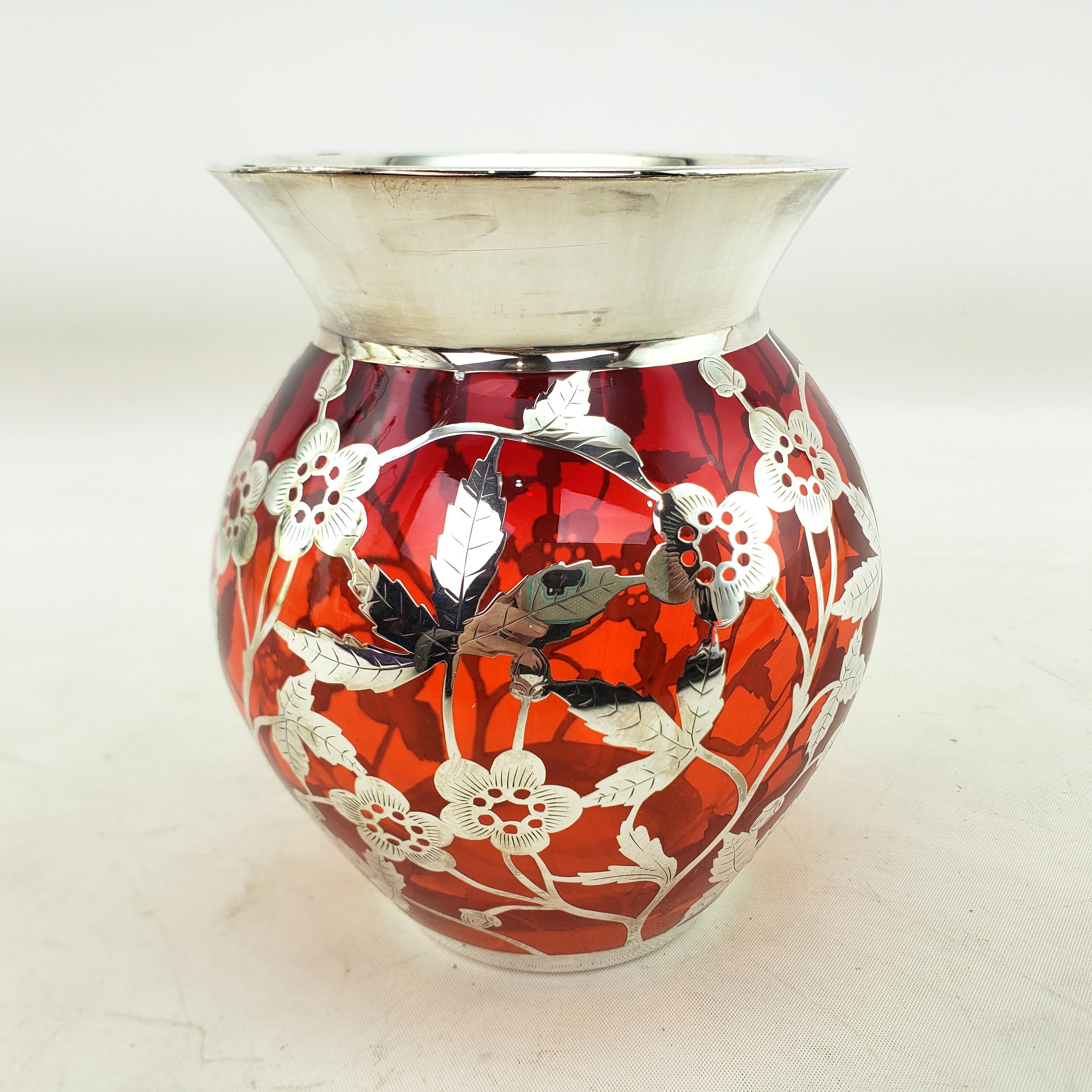 Unknown Antique Silver Overlay Ruby Glass Vase with Pierced & Engraved Floral Motif For Sale