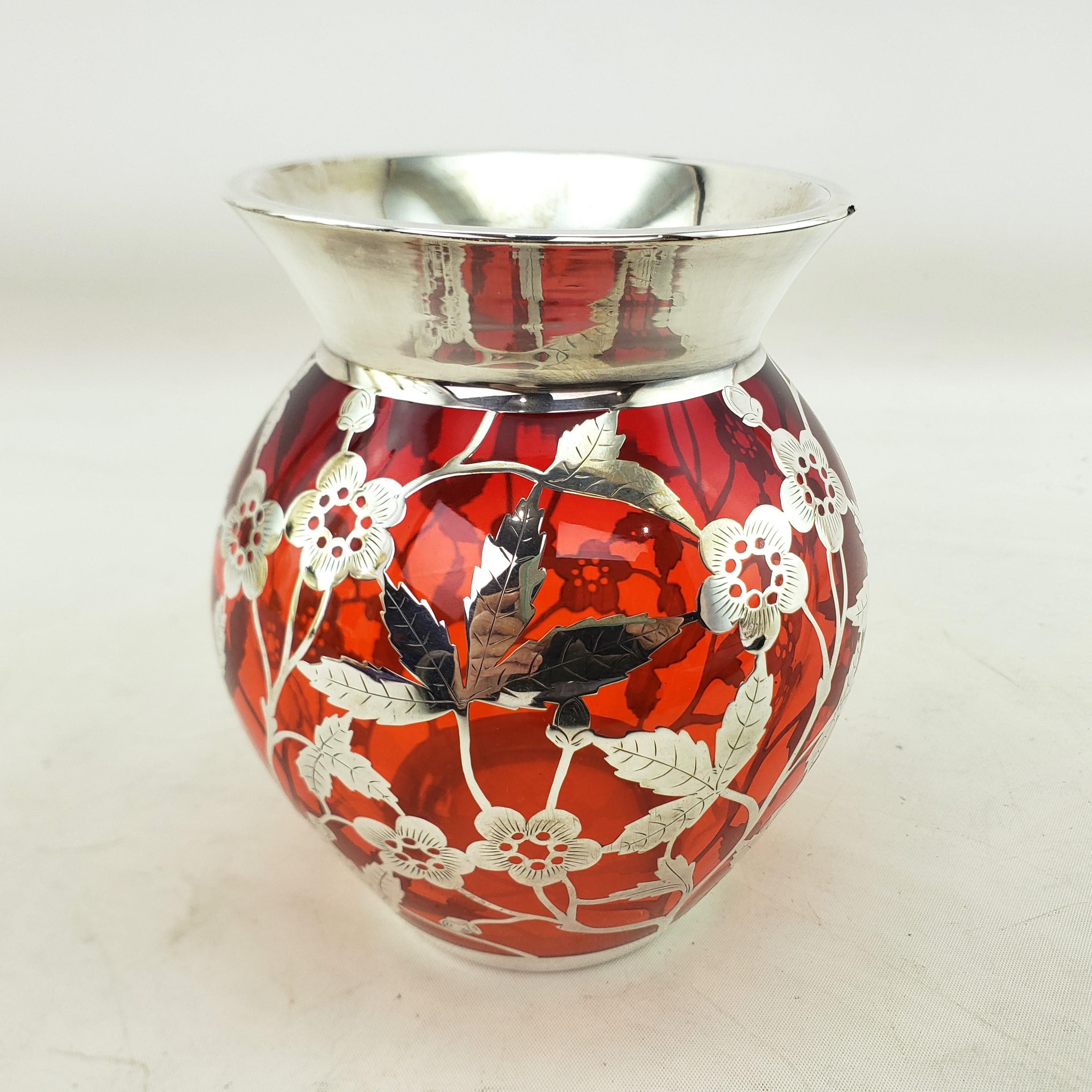 Hand-Crafted Antique Silver Overlay Ruby Glass Vase with Pierced & Engraved Floral Motif For Sale