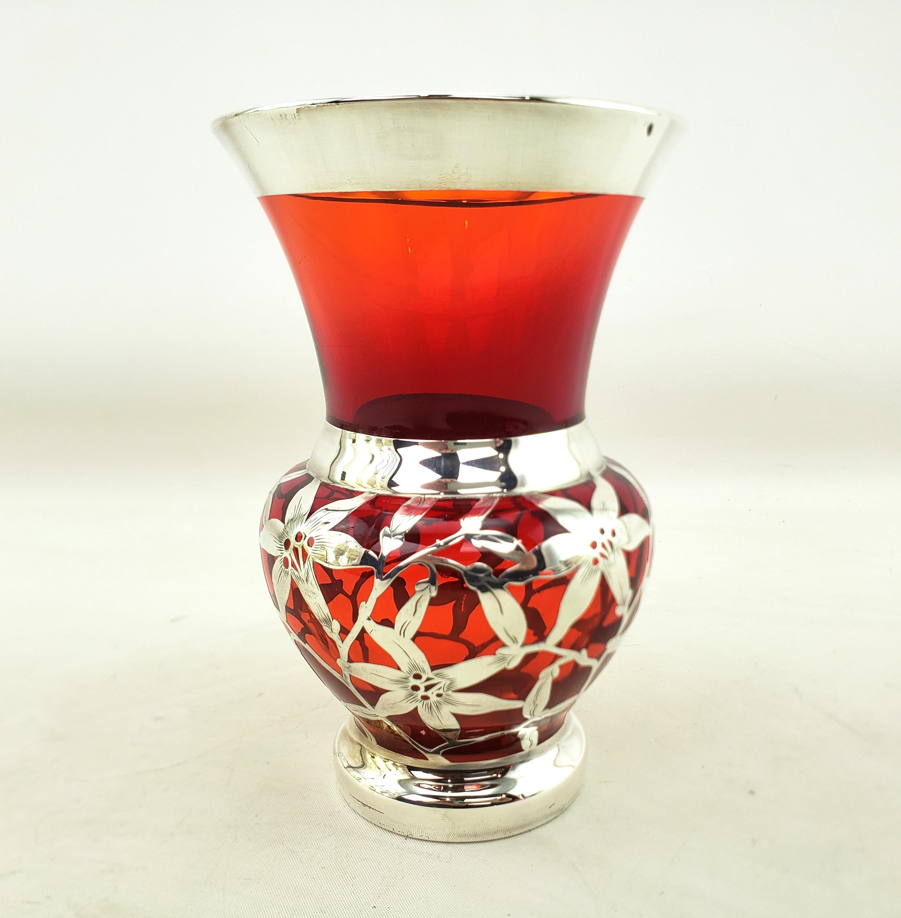 Antique Silver Overlay Ruby Glass Vase with Pierced & Engraved Floral Motif In Good Condition For Sale In Hamilton, Ontario