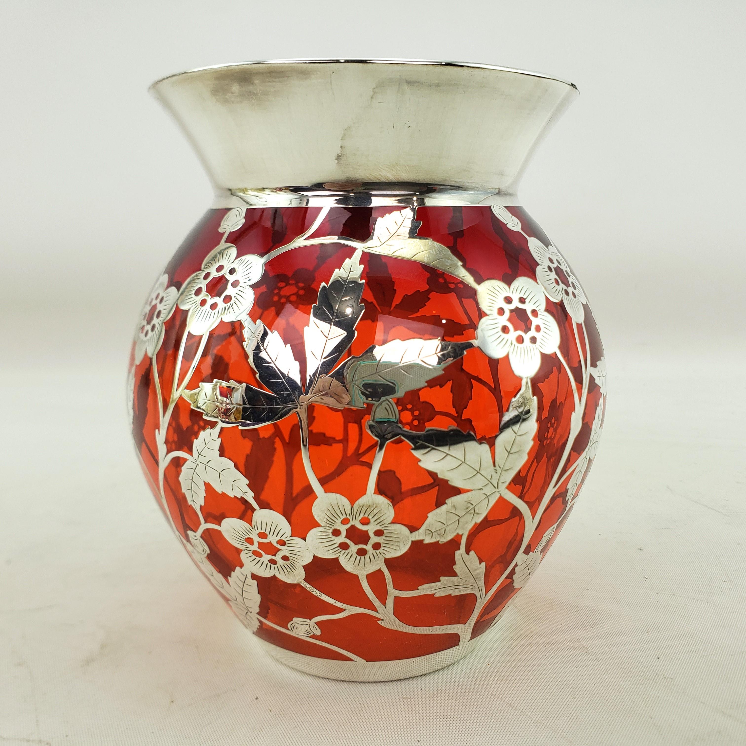 Antique Silver Overlay Ruby Glass Vase with Pierced & Engraved Floral Motif In Good Condition For Sale In Hamilton, Ontario