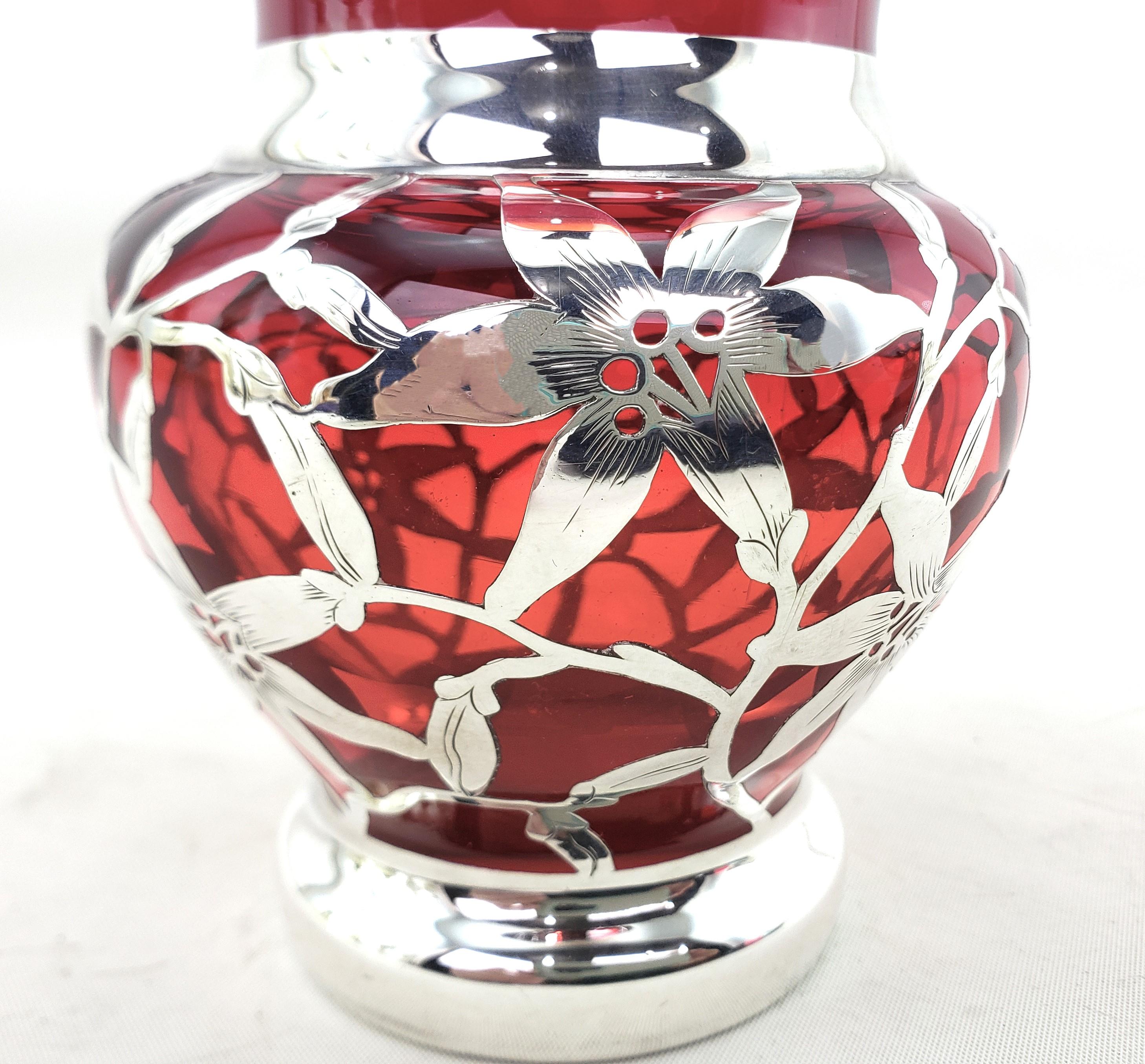 Antique Silver Overlay Ruby Glass Vase with Pierced & Engraved Floral Motif For Sale 2