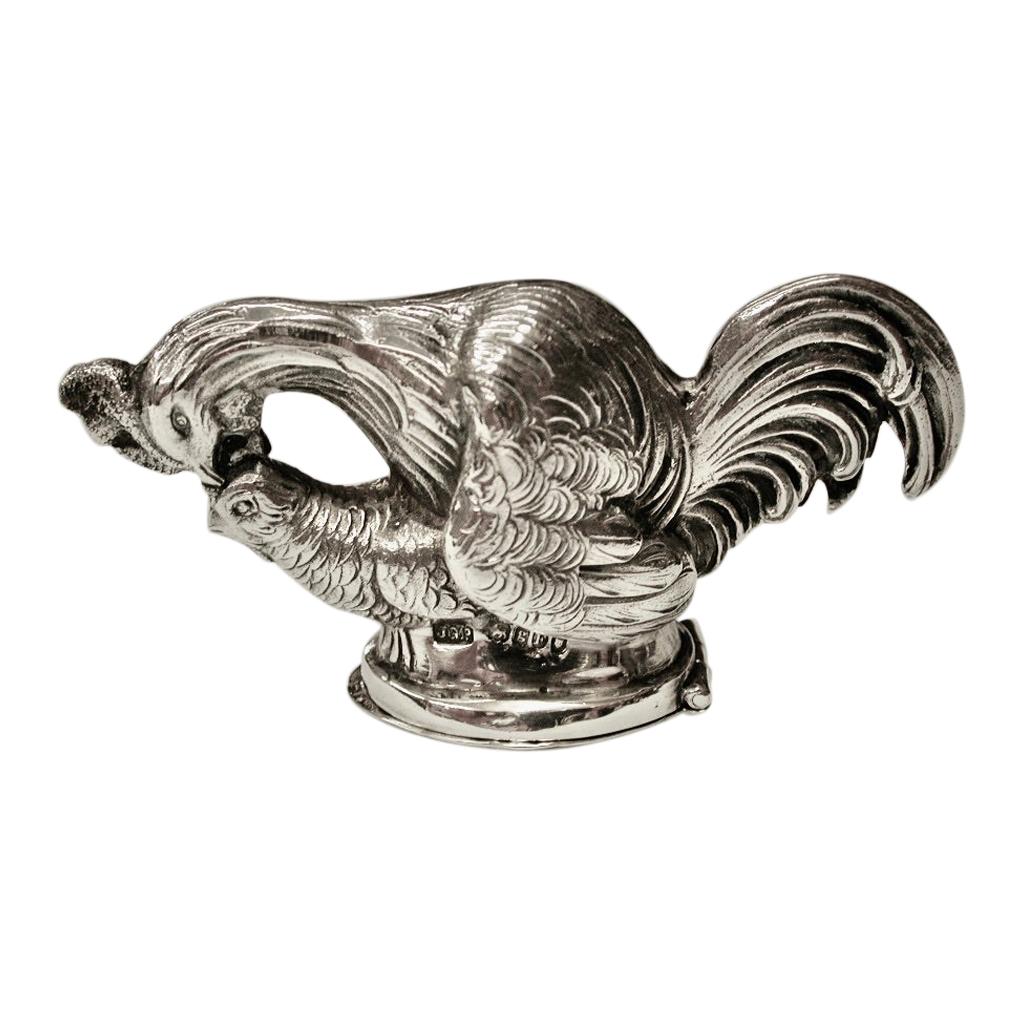 Antique Silver Overmarked Silver Box with a Cockerel and a Hen, London 1902 For Sale