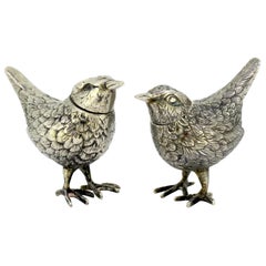 Antique Silver Pair of Salt and Pepper Bird Shakers, by FW, 19th Century