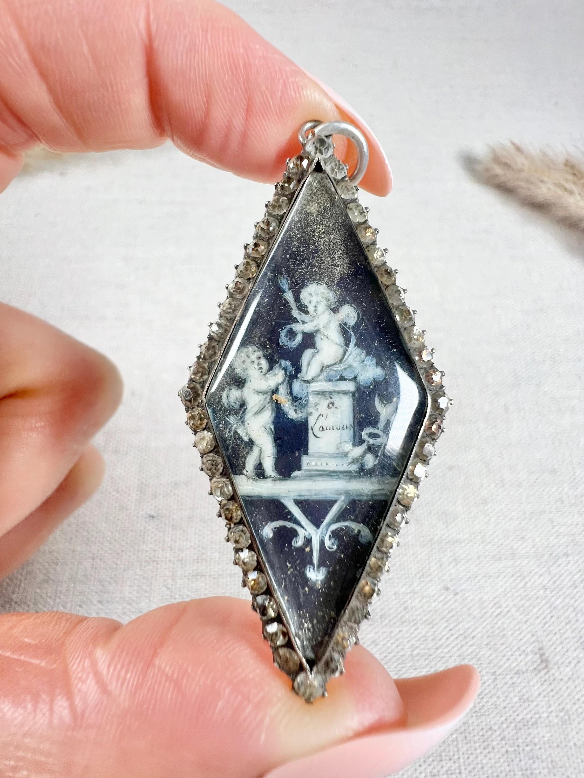 Antique Silver & Paste, Early Victorian Cherub Miniature Pendant For Sale 1