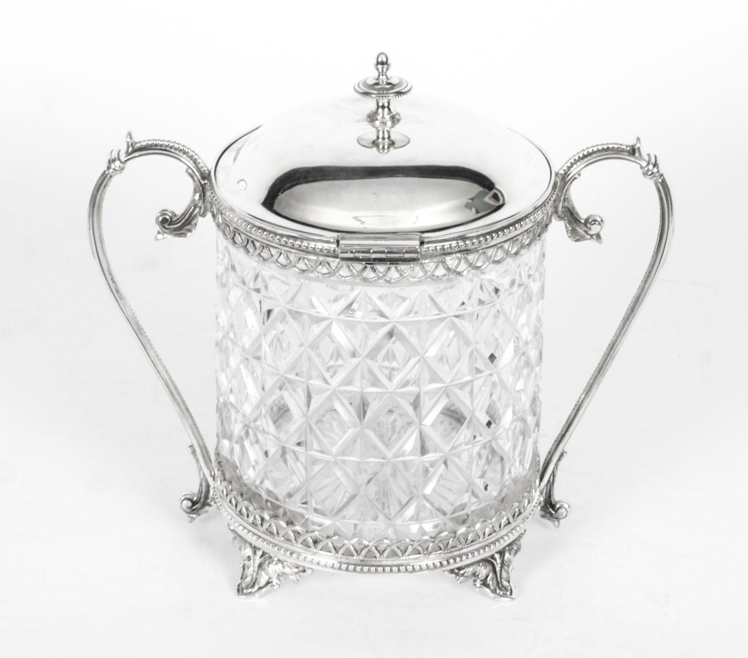 Antique Silver Plate and Cut Glass Biscuit Box Sheffield, 19th Century For Sale 8