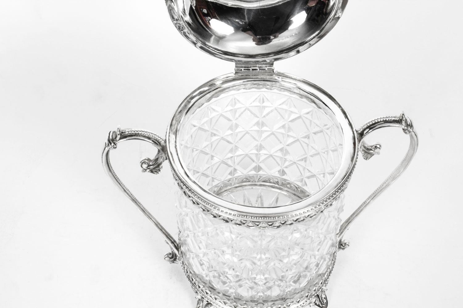 Late 19th Century Antique Silver Plate and Cut Glass Biscuit Box Sheffield, 19th Century For Sale