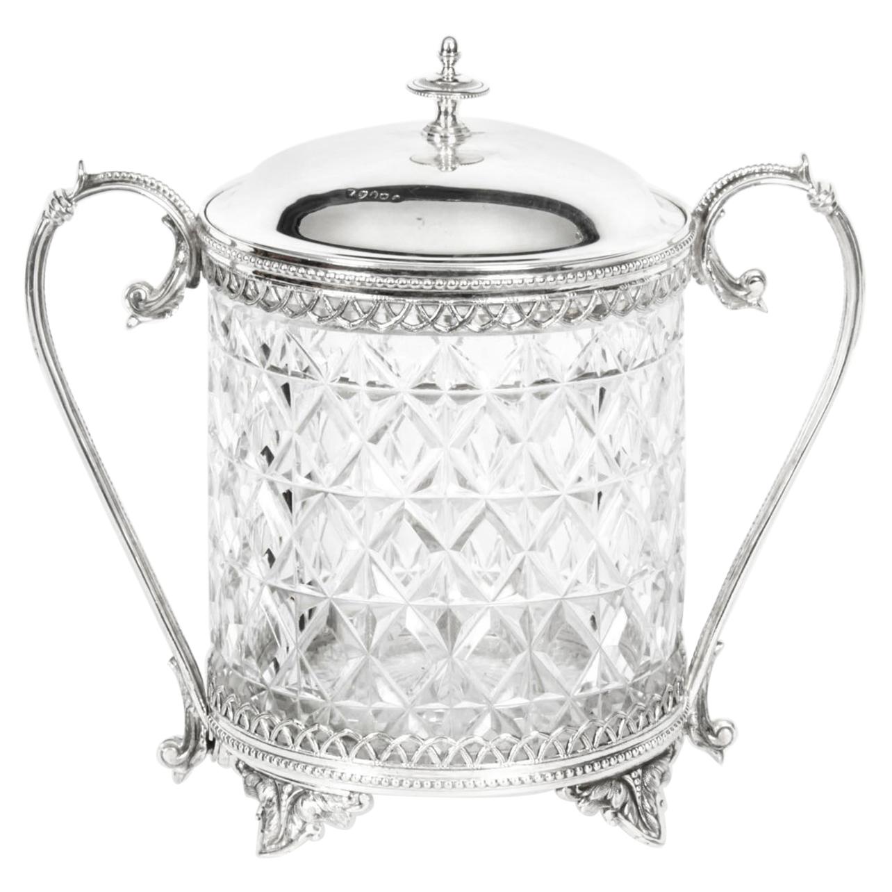 Antique Silver Plate and Cut Glass Biscuit Box Sheffield, 19th Century For Sale