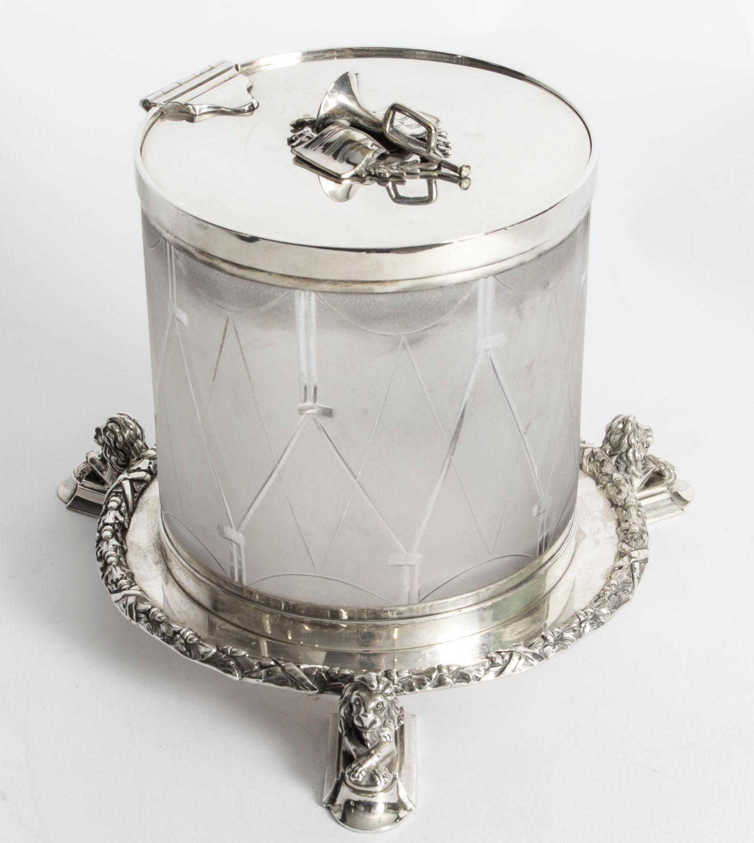 Antique Silver Plate and Cut Glass Drum Biscuit Box, 19th Century 10