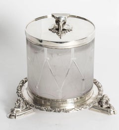 Antique Silver Plate and Cut Glass Drum Biscuit Box, 19th Century