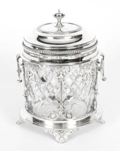 Antique Silver Plate and Cut Glass Drum Biscuit Box, 19th Century