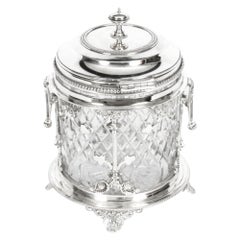 Antique Silver Plate and Cut Glass Drum Biscuit Box, 19th Century