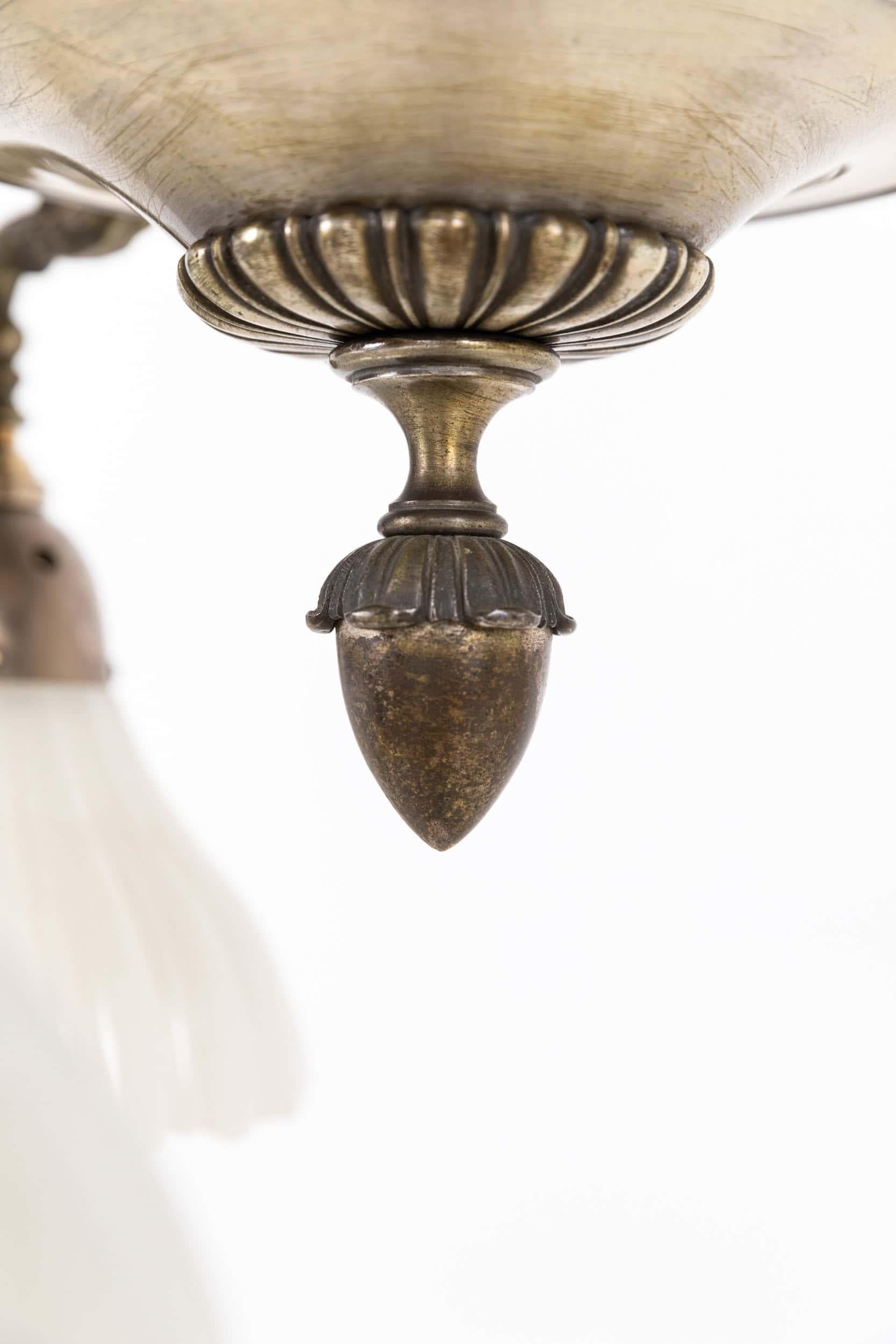 20th Century Antique Silver Plate Brass GEC Moonstone Glass Electrolier Pendant Light, C.1920 For Sale