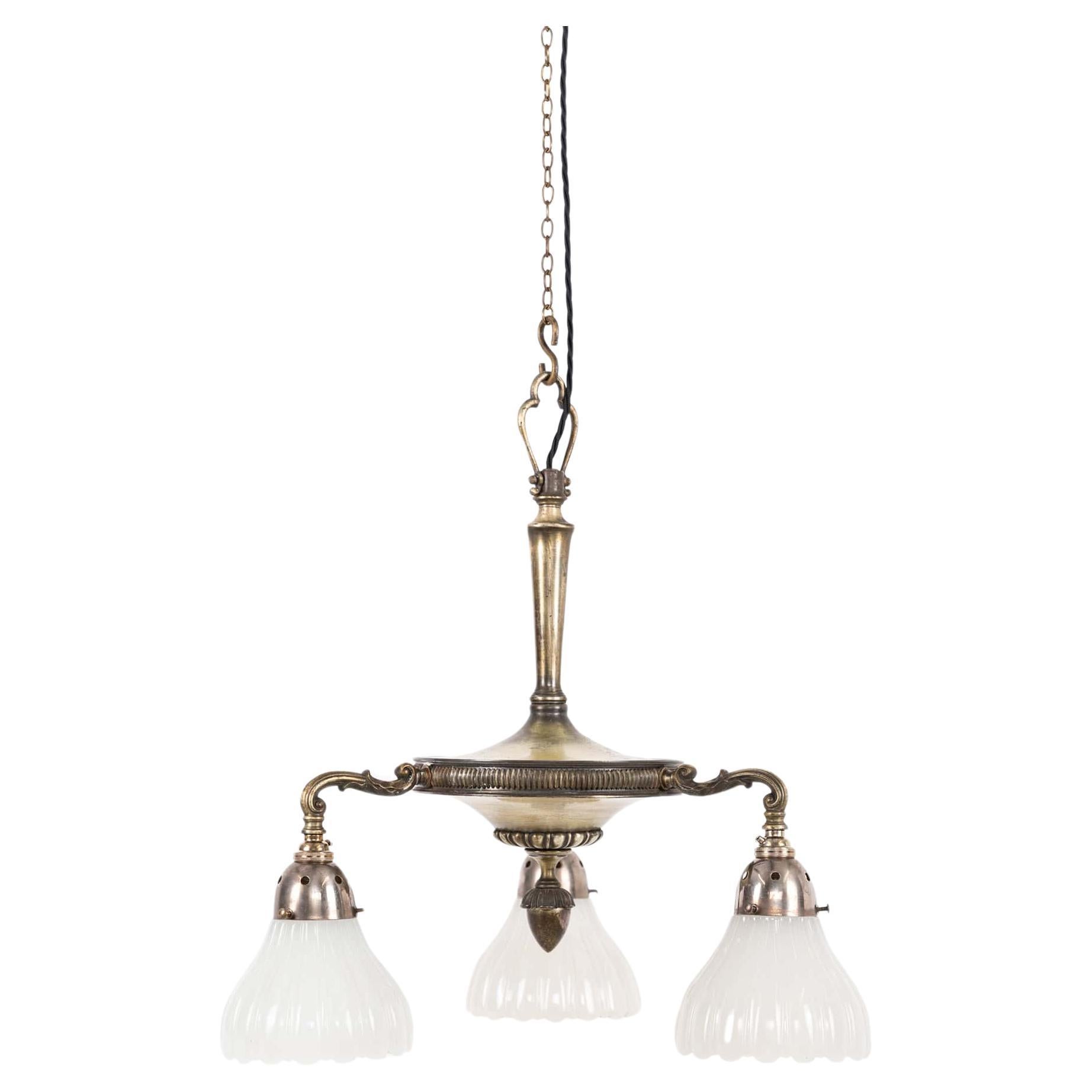 Antique Silver Plate Brass GEC Moonstone Glass Electrolier Pendant Light, C.1920