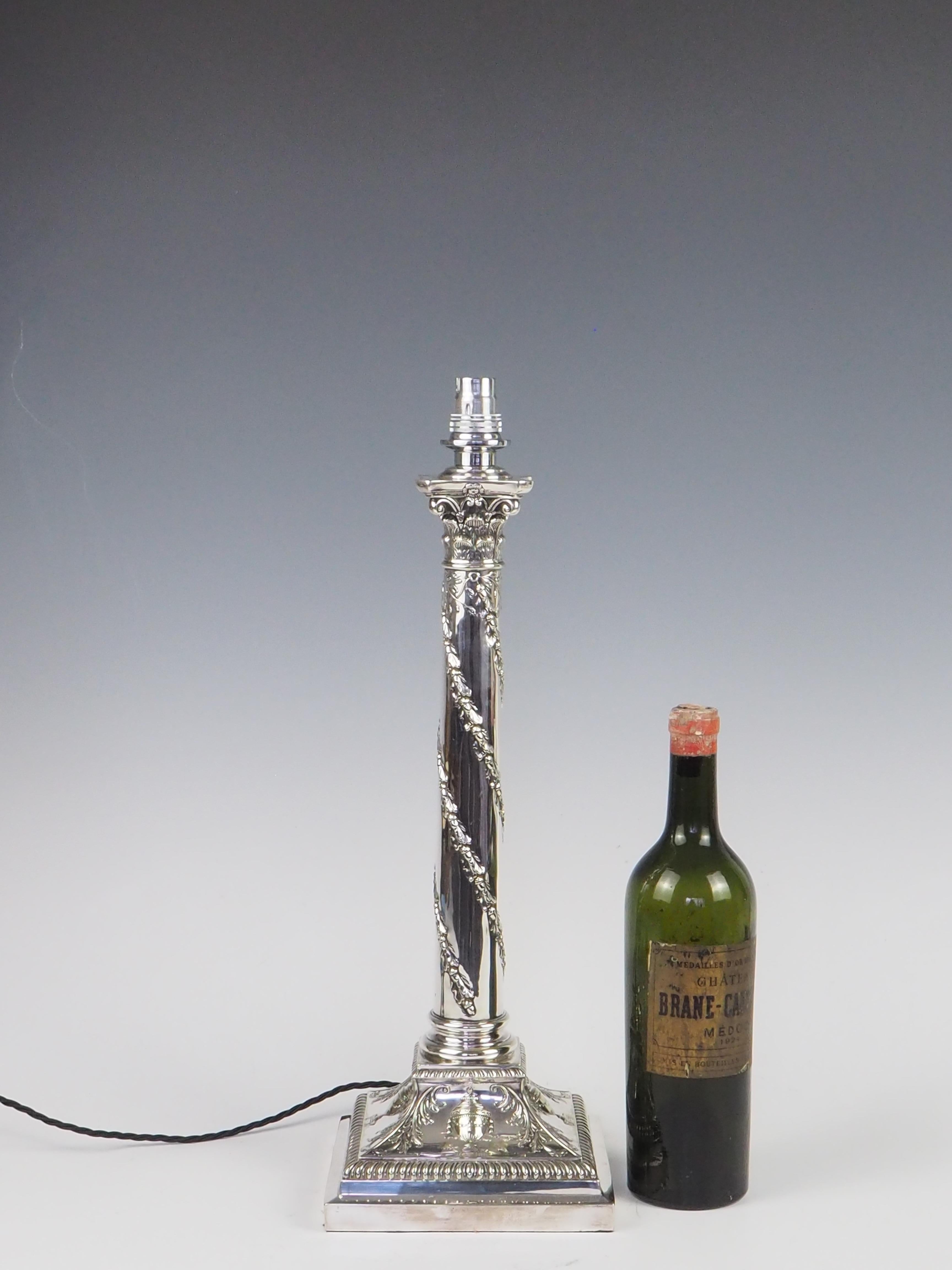 Antique Silver Plate Corinthian Column Table Lamp In Good Condition For Sale In Lincoln, GB