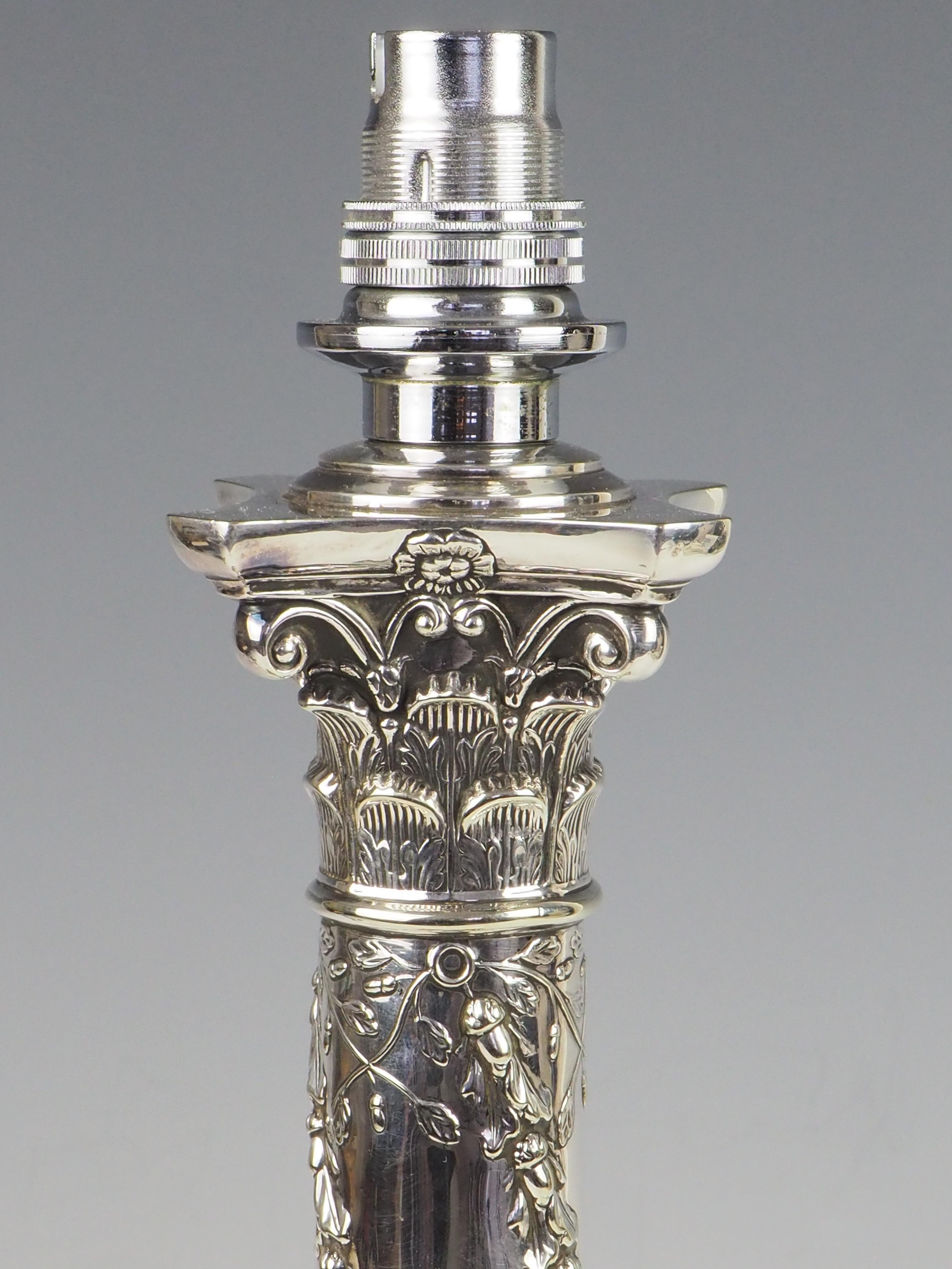 19th Century Antique Silver Plate Corinthian Column Table Lamp For Sale