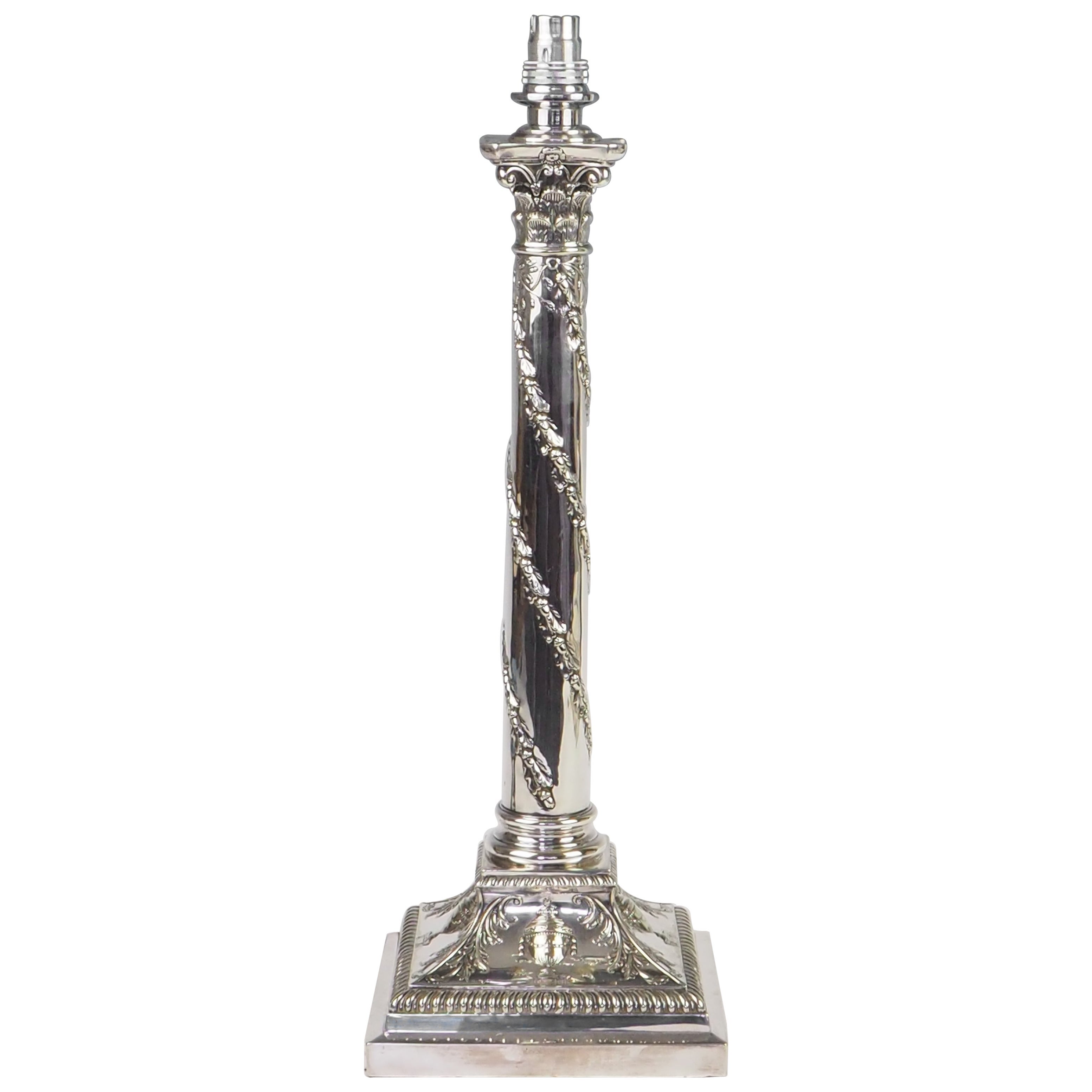 Antique Silver Plate Corinthian Column Table Lamp, Victorian Style