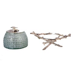 Antique Silver Plate & Cut Glass Honey Jar on Stand, 1920s