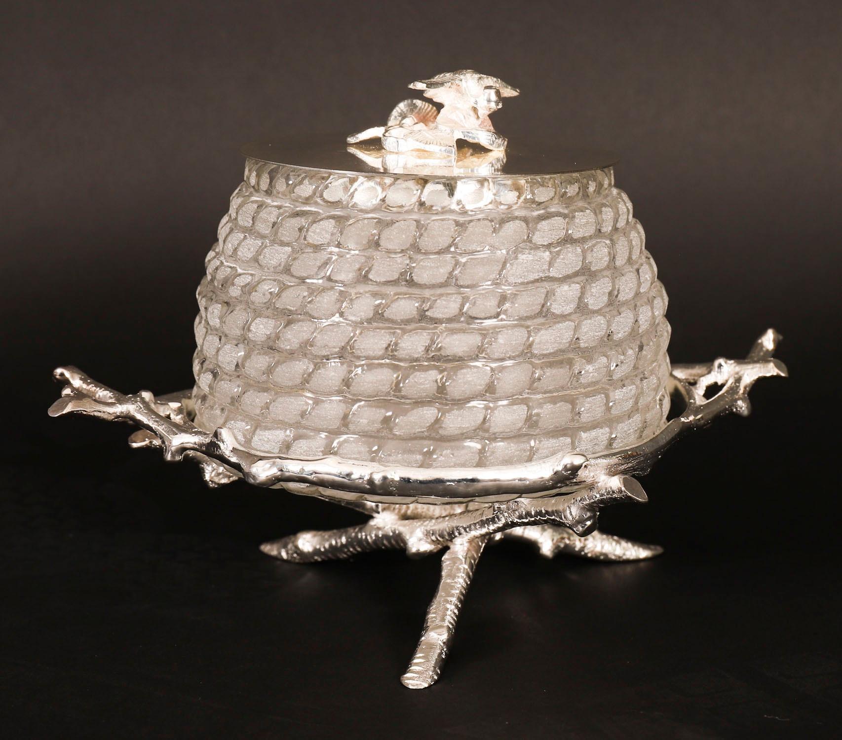 Antique Silver Plate & Cut Glass Honey Jar on Stand 20th Century en venta 5