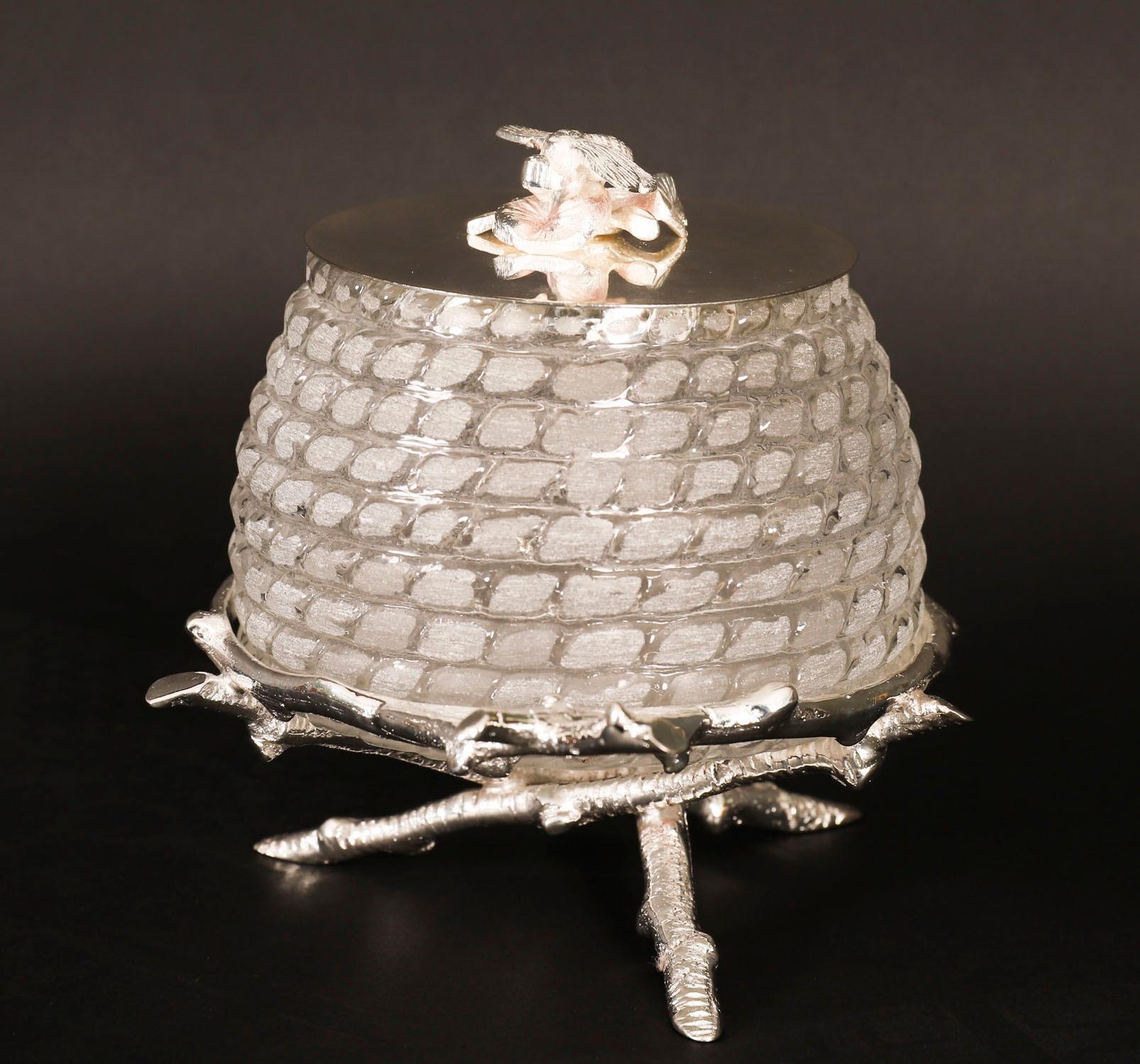 Antique Silver Plate & Cut Glass Honey Jar on Stand 20th Century en venta 2