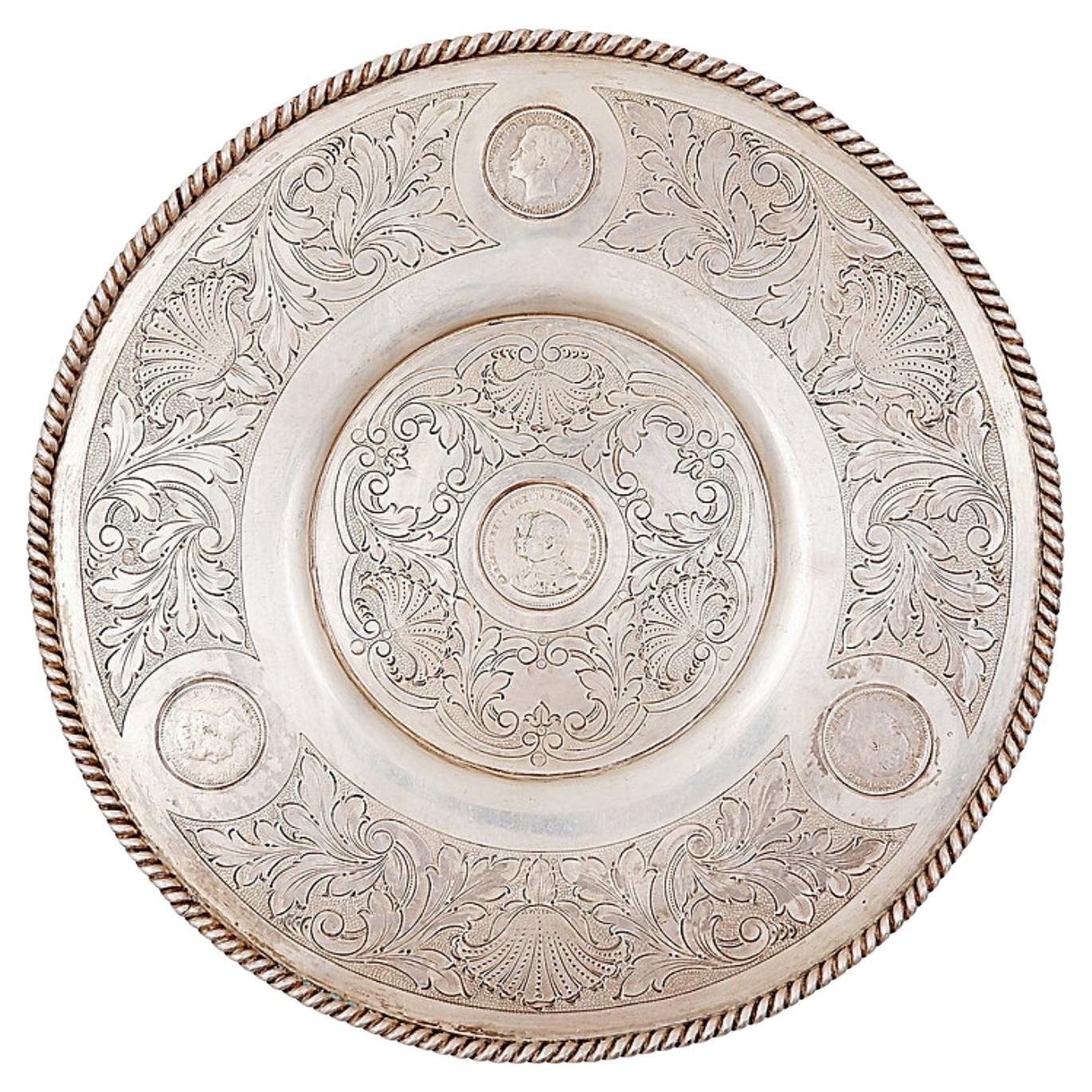 Antique silver plate decorated and inlaid with 4 Portuguese coins Ø 19cm For Sale