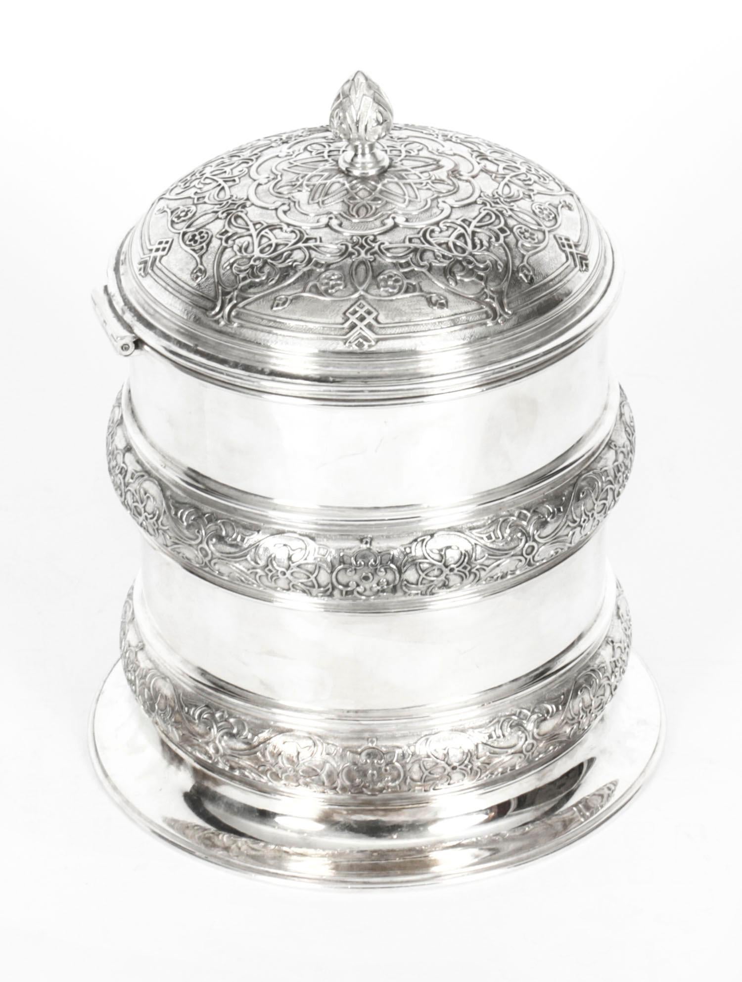 Boîte à biscuits à tambour en métal argenté antique Elkington & Co, 19ème siècle en vente 10