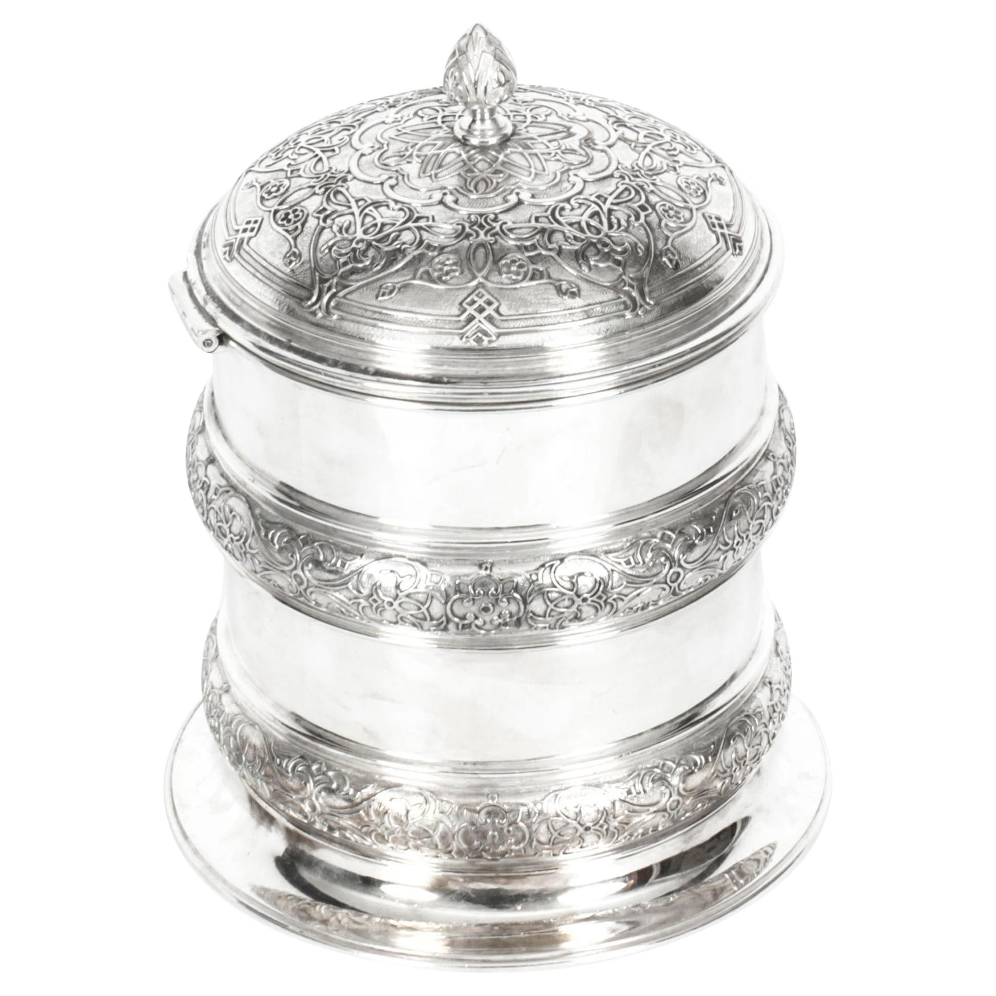 Antique Silver Plate Drum Biscuit Box Elkington & Co, 19th Century For Sale