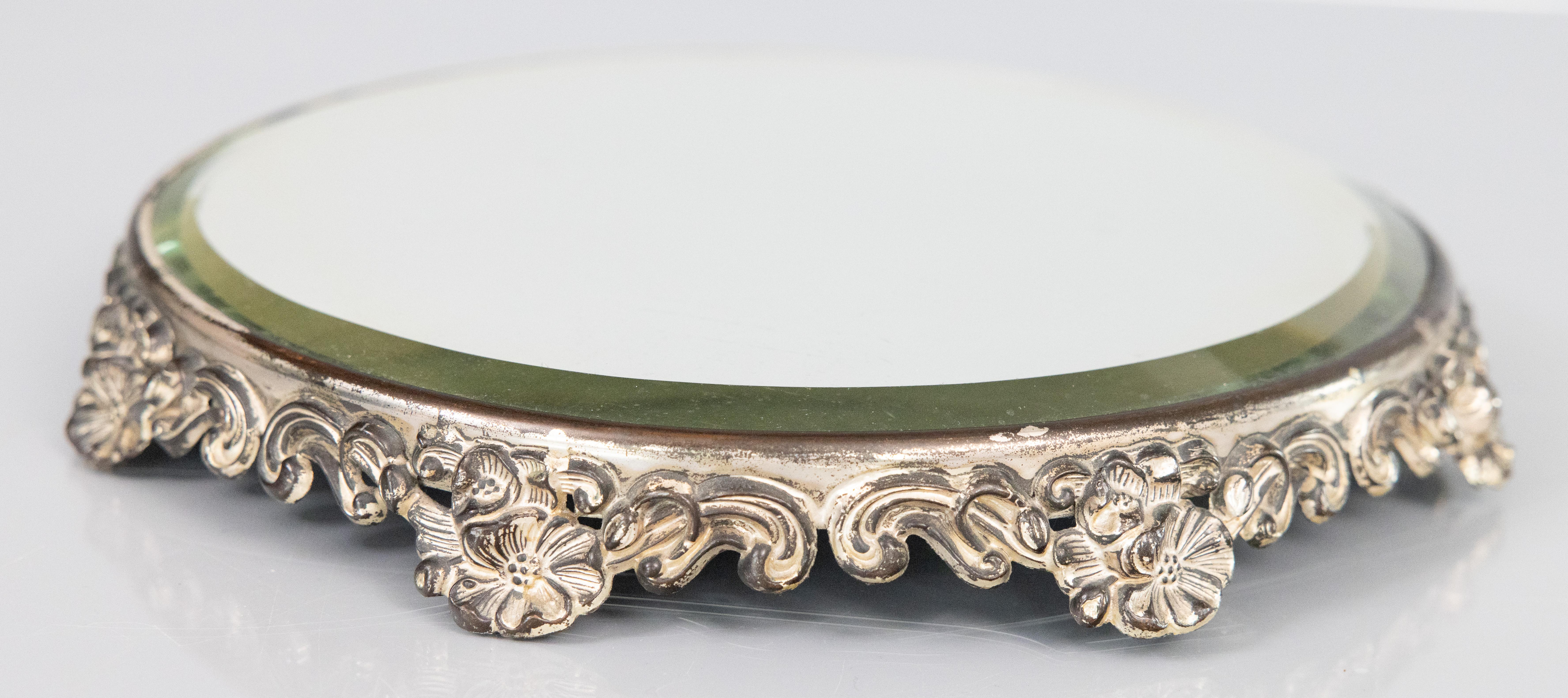American Antique Silver Plate Floral Mirror Plateau Tray, circa 1920 For Sale