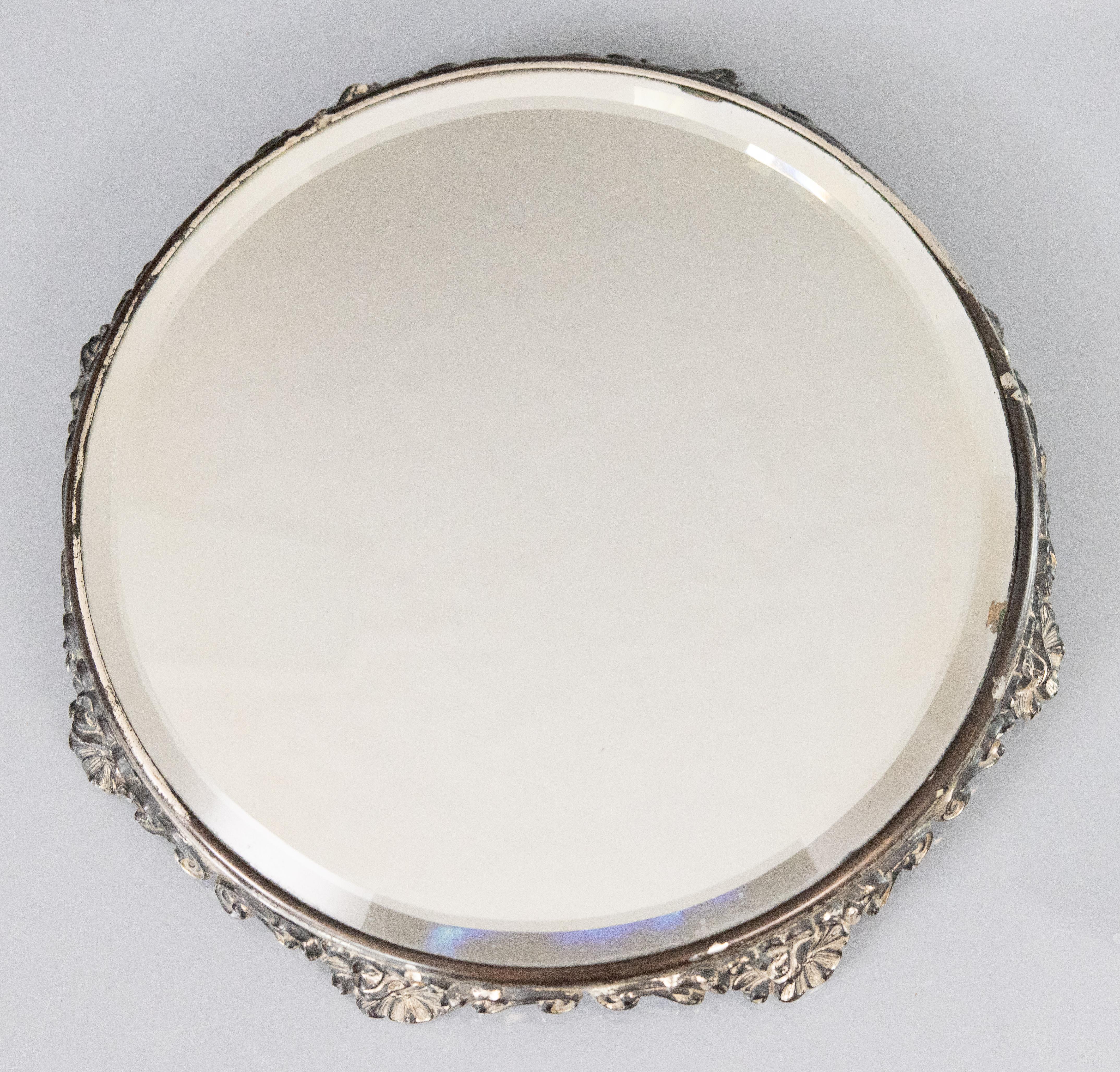 Antique Silver Plate Floral Mirror Plateau Tray, circa 1920 In Good Condition For Sale In Pearland, TX