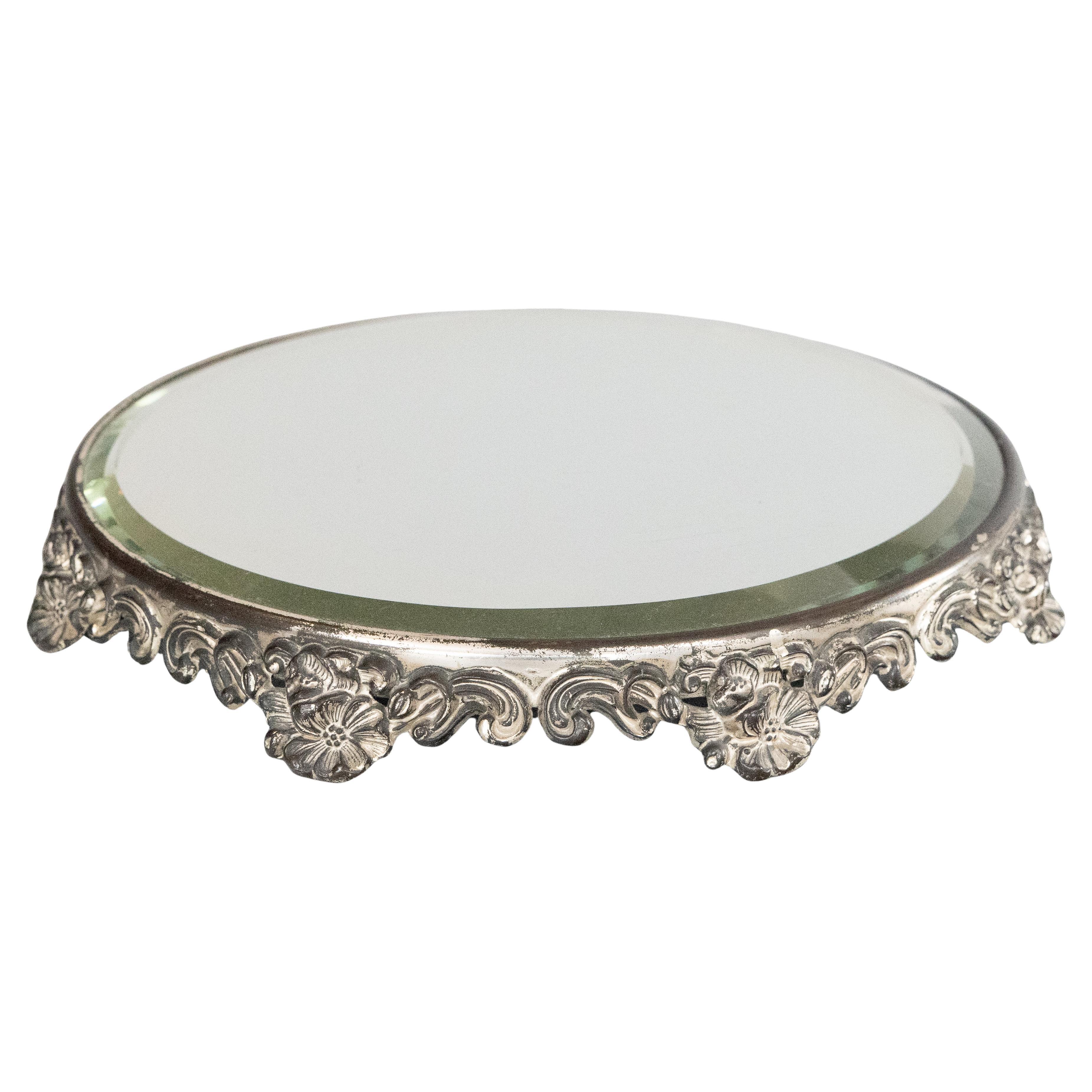 Antike Silberplatte Floral Mirror Plateau Tablett, um 1920
