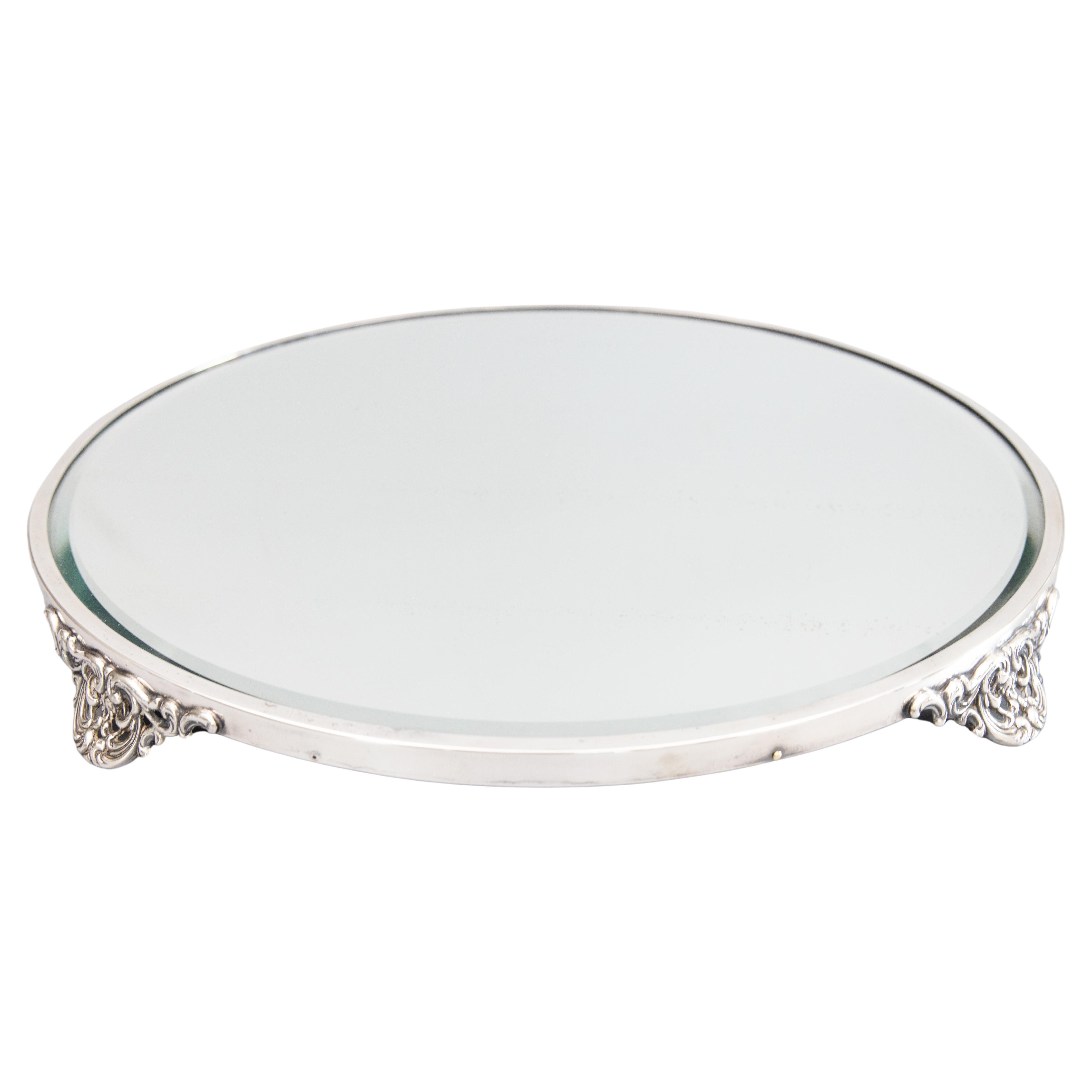 Antique Silver Plate Footed Mirror Plateau, circa 1920 For Sale