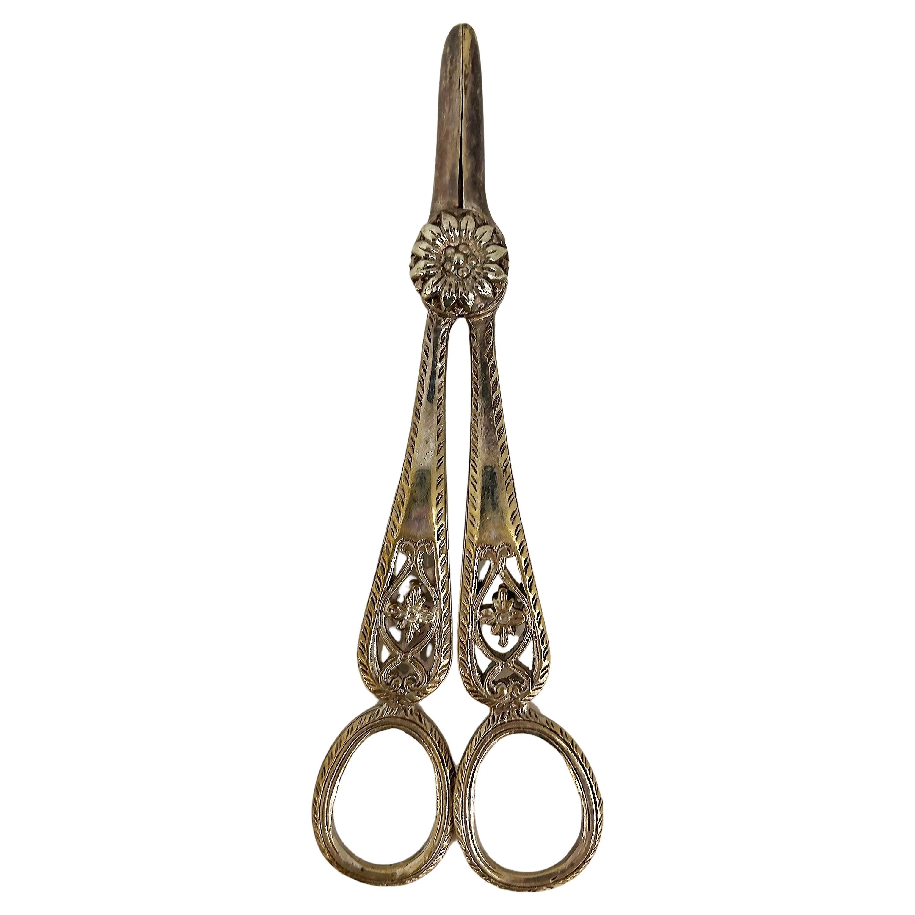 Antique Silver Plate Grape Scissors, Floral and Filigree Details
