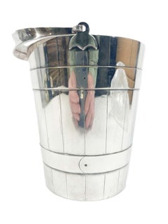 Antique Silver Plate Ice Bucket, Staved Pail Form w/Strainer and Tongs